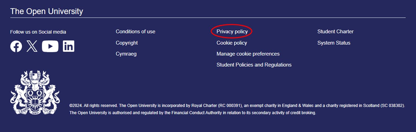 The Open University website footer with Privacy policy link highlighted