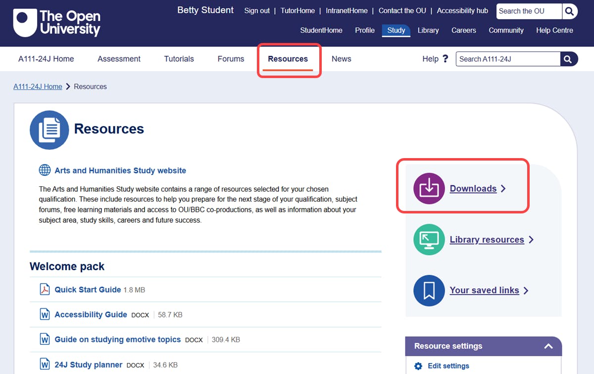 Resources page on a module website, with Downloads link highlighted
