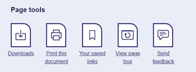 Page tools block displaying five icons, Downloads, Print this document, Your saved links, View page tour and Send feedback.