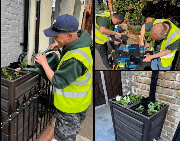 Collage of installers putting in rainwater planters and watering the flowers