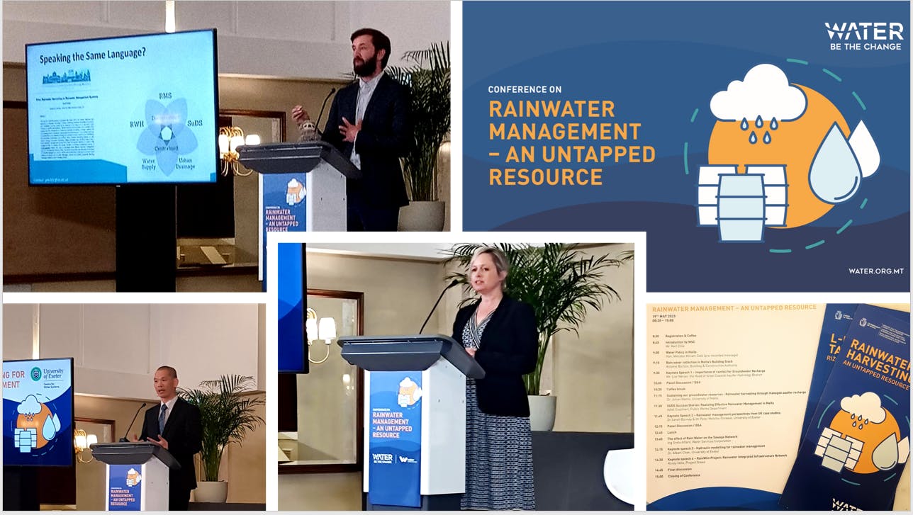 Pete and Sarah co-founders of Our Rainwater presenting at a conference
