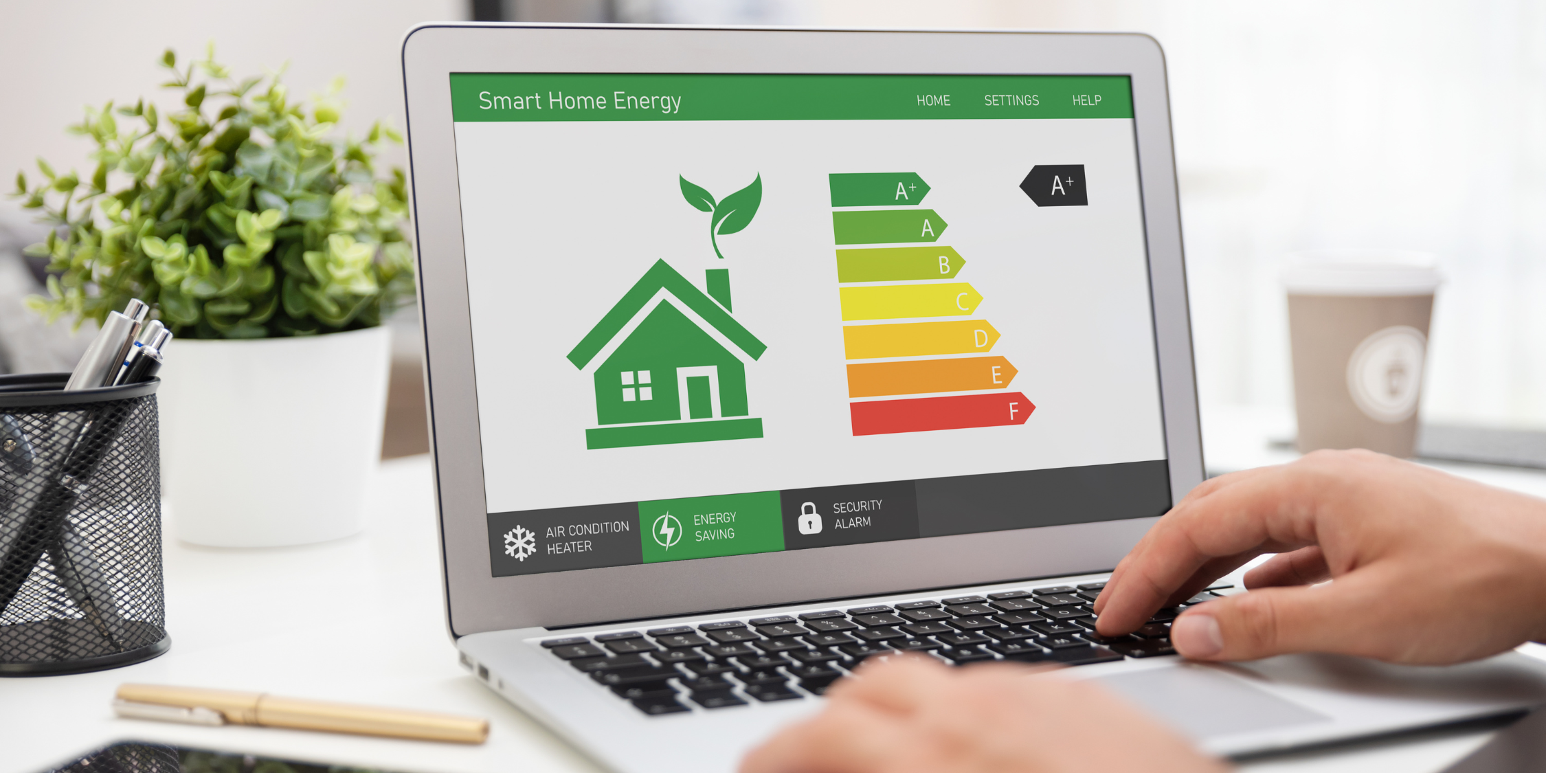 A laptop with an energy efficiency scale on it