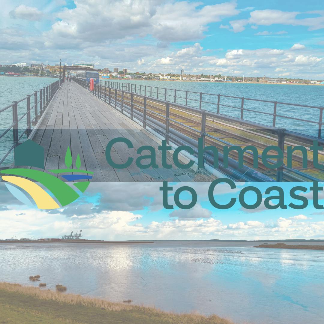 A picture of Southend pier and a Thurrock marshes with the Catchment to coast logo in the middle