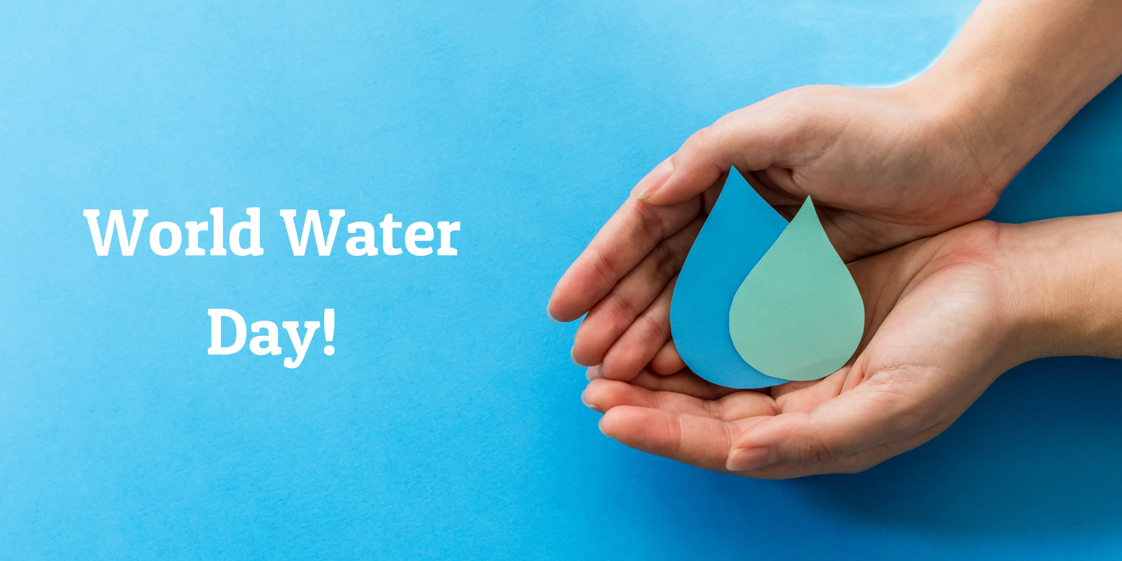 Blue background with hands cupped holding cardboard cutout water drops