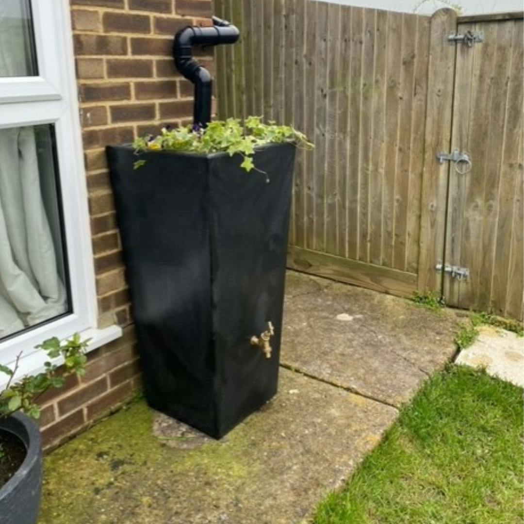 black rainplanter with plants spilling over the top 