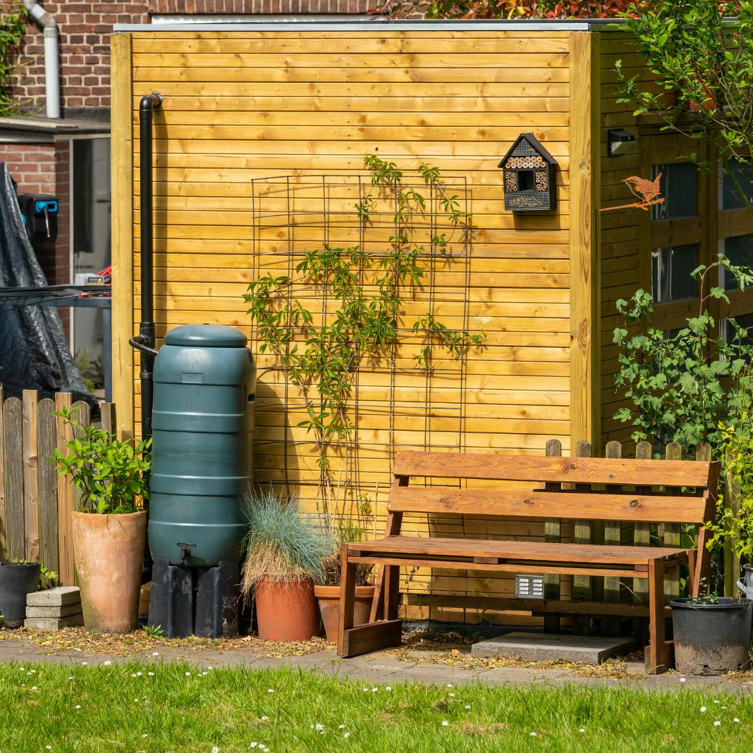 green water butt attached to a black down pipe on the side of a shed