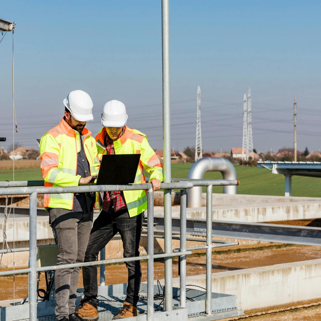 Two workers wearing high vis and hardhats looking at a computer whilst standing next to a water treatment facility