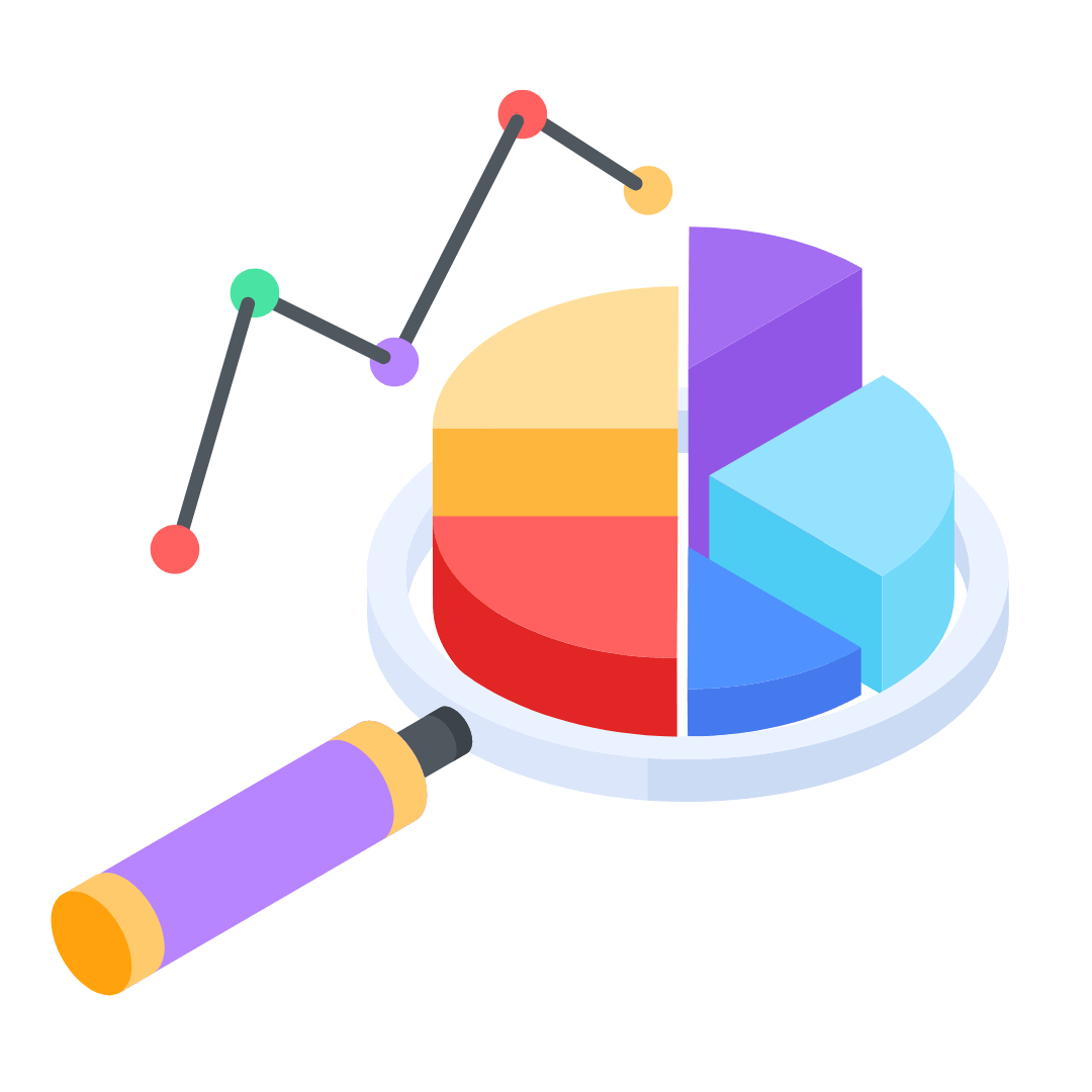 magnifying glass icon with a pie chart in the middle