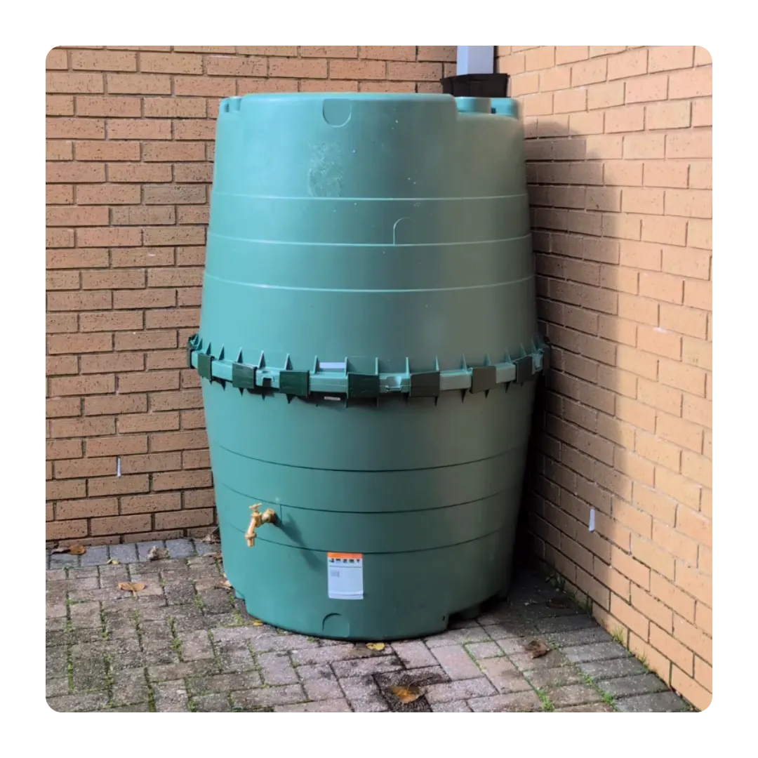 A large green Graf water butt installed at a Torbay School