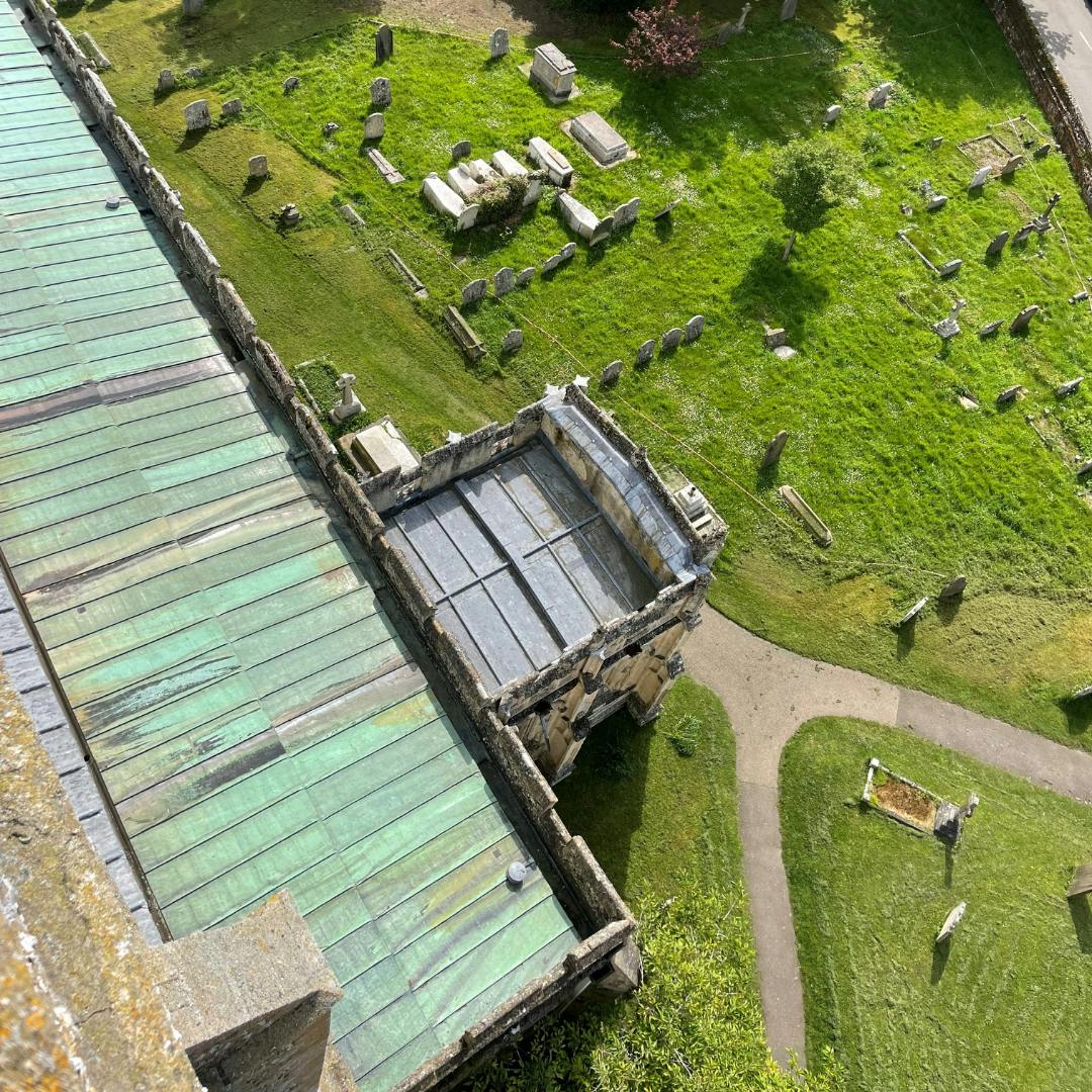Aerial shot of a suffolk church