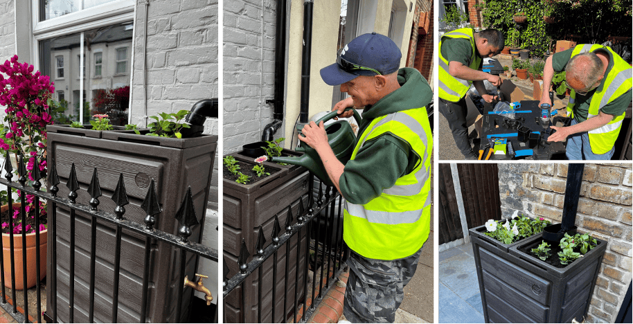 The Groundwork team building and installing rain planters in a community
