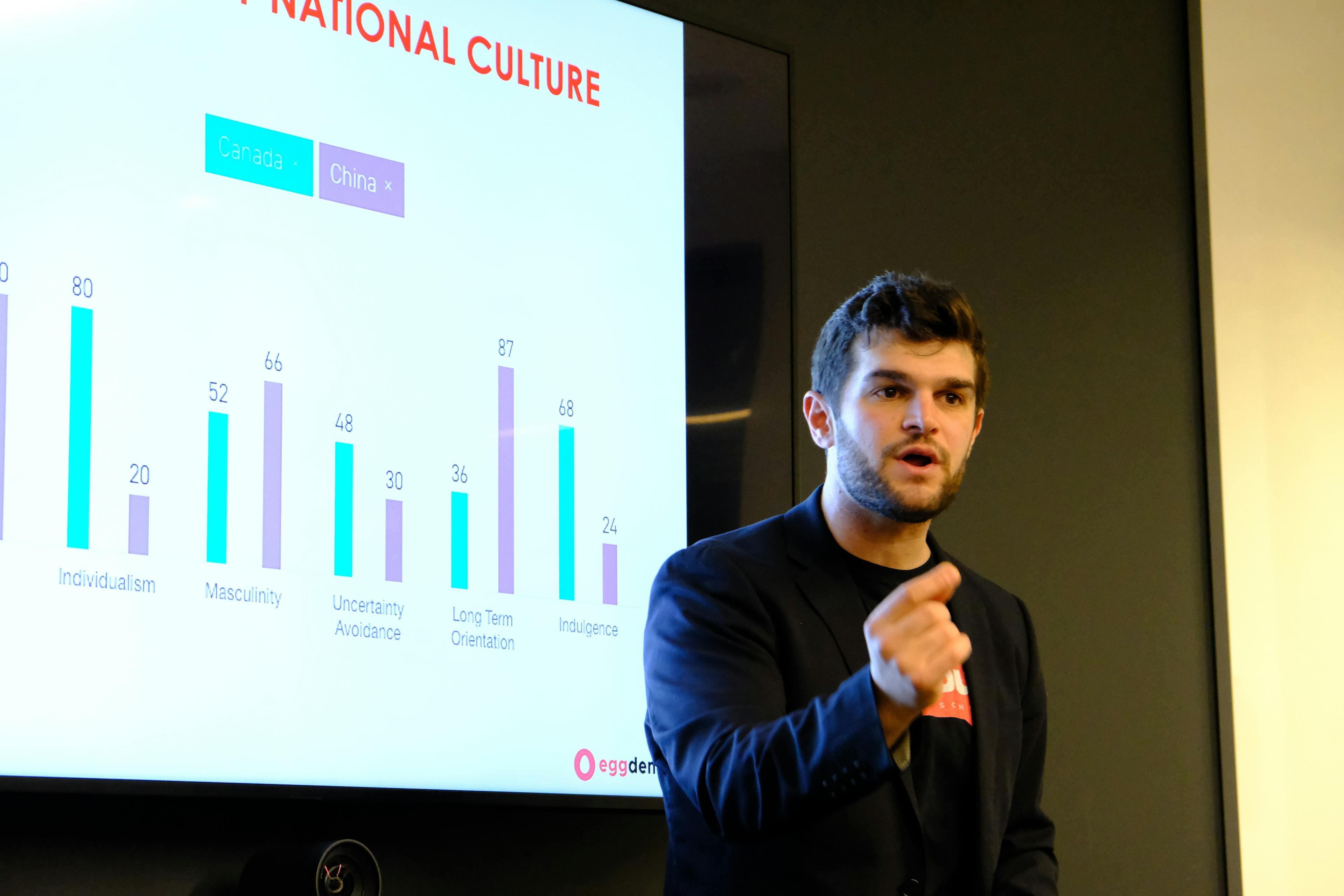 A dark haired, light-skinned man wearing a business jacket speaks with conviction in front of a presentation slide.