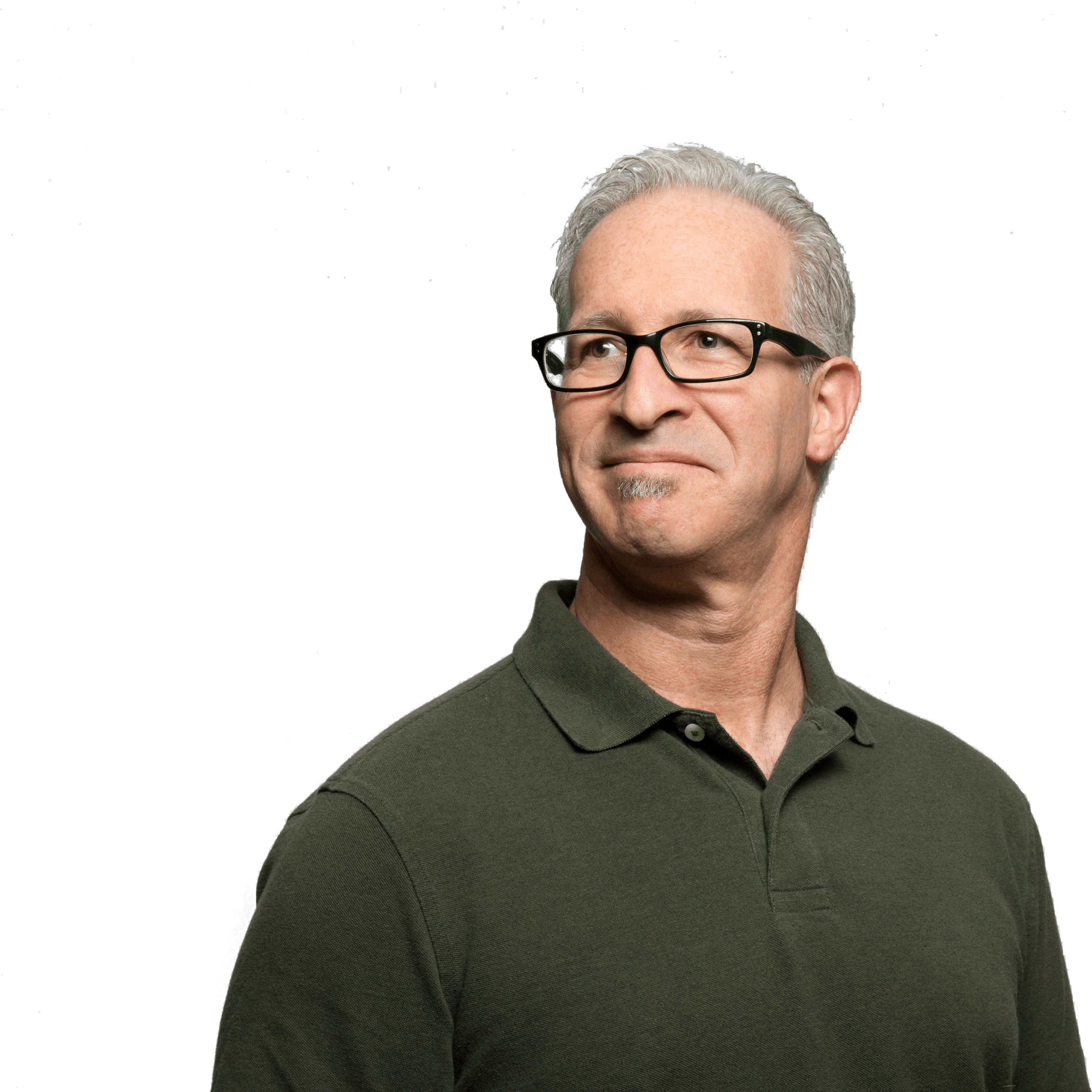 A light-skinned man with gray hair and glasses looks off to the side with satisfaction.