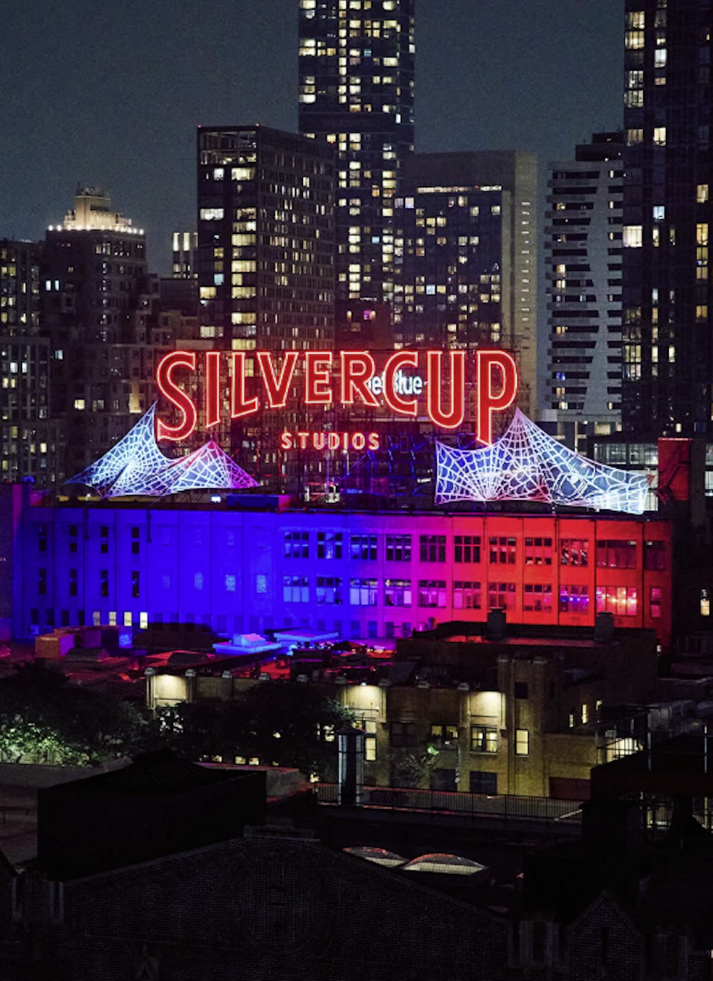 Spider-Man webs on iconic Silvercup Studios sign