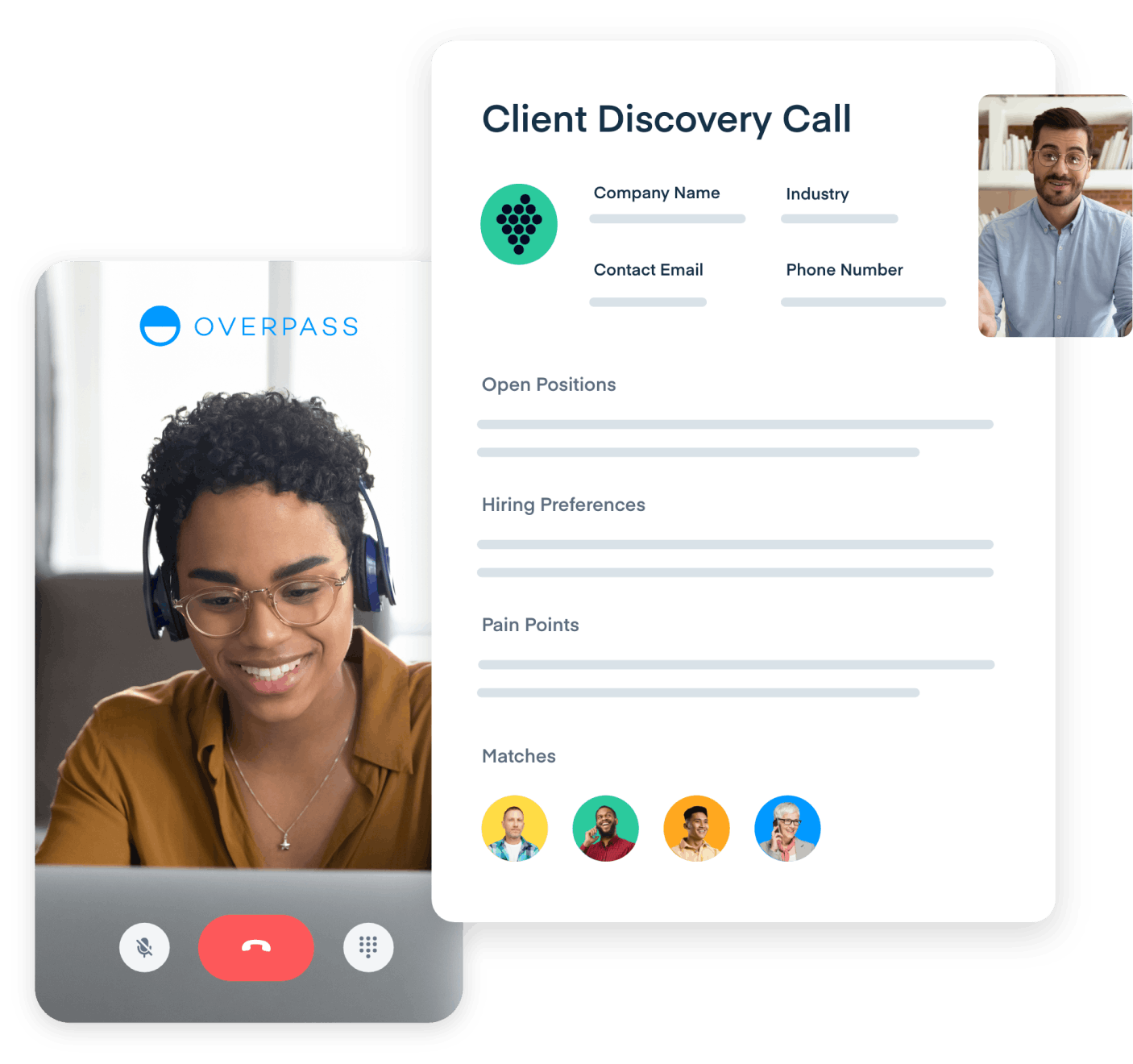 A "Client Discovery Call" with an Overpass growth consultant speaking with a client.