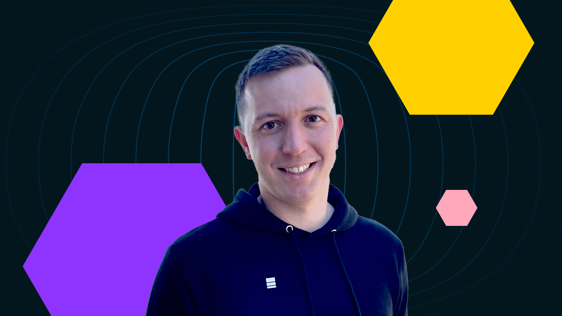 Co-founder of Epicbrief Anton Dobrazhanskiy against a black ground with three colorful hexagons.