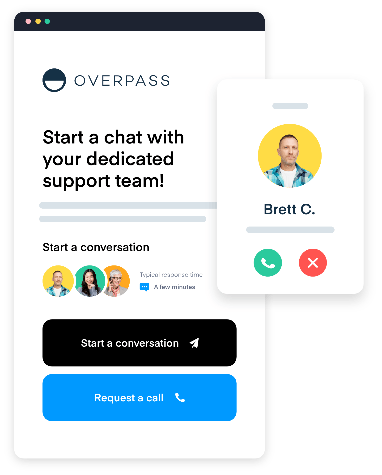 A chat support module that reads "Start a chat with your dedicated support team!"