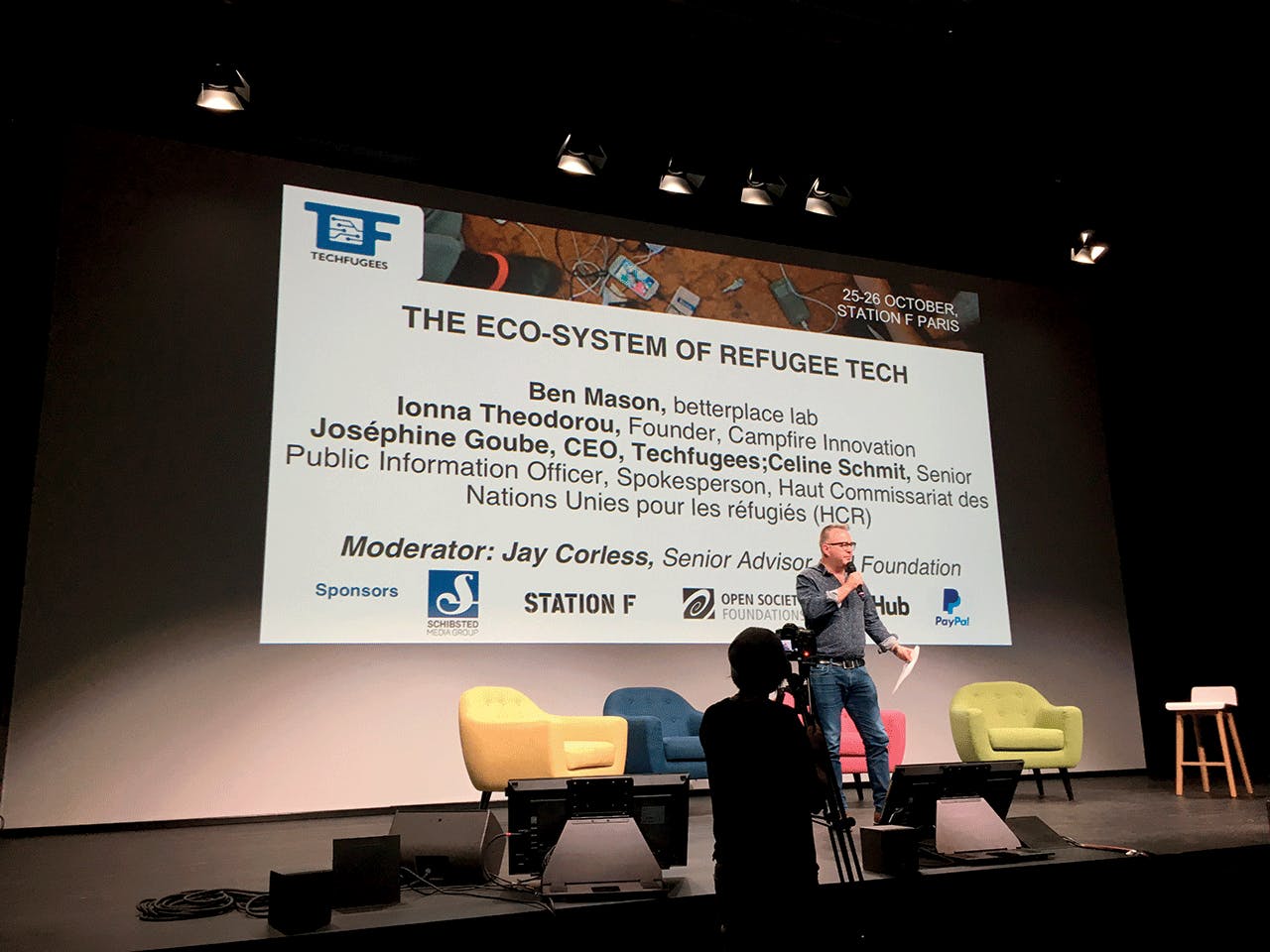 MIKE BUTCHER, EDITOR-AT-LARGE OF TECHNOLOGY NEWS WEBSITE TECHCRUNCH, SPEAKS AT THE TECHFUGEES GLOBAL SUMMIT IN
OCTOBER 2017. 