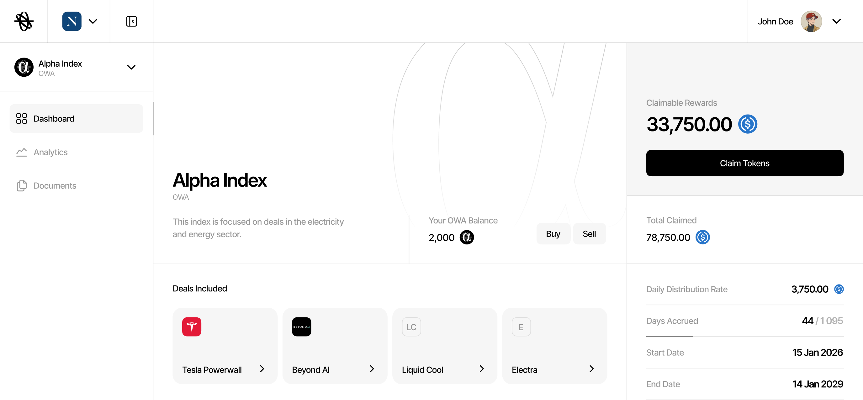 The OpenWorld Enterprise dashboard: the Alpha Index with claimable rewards and included deals