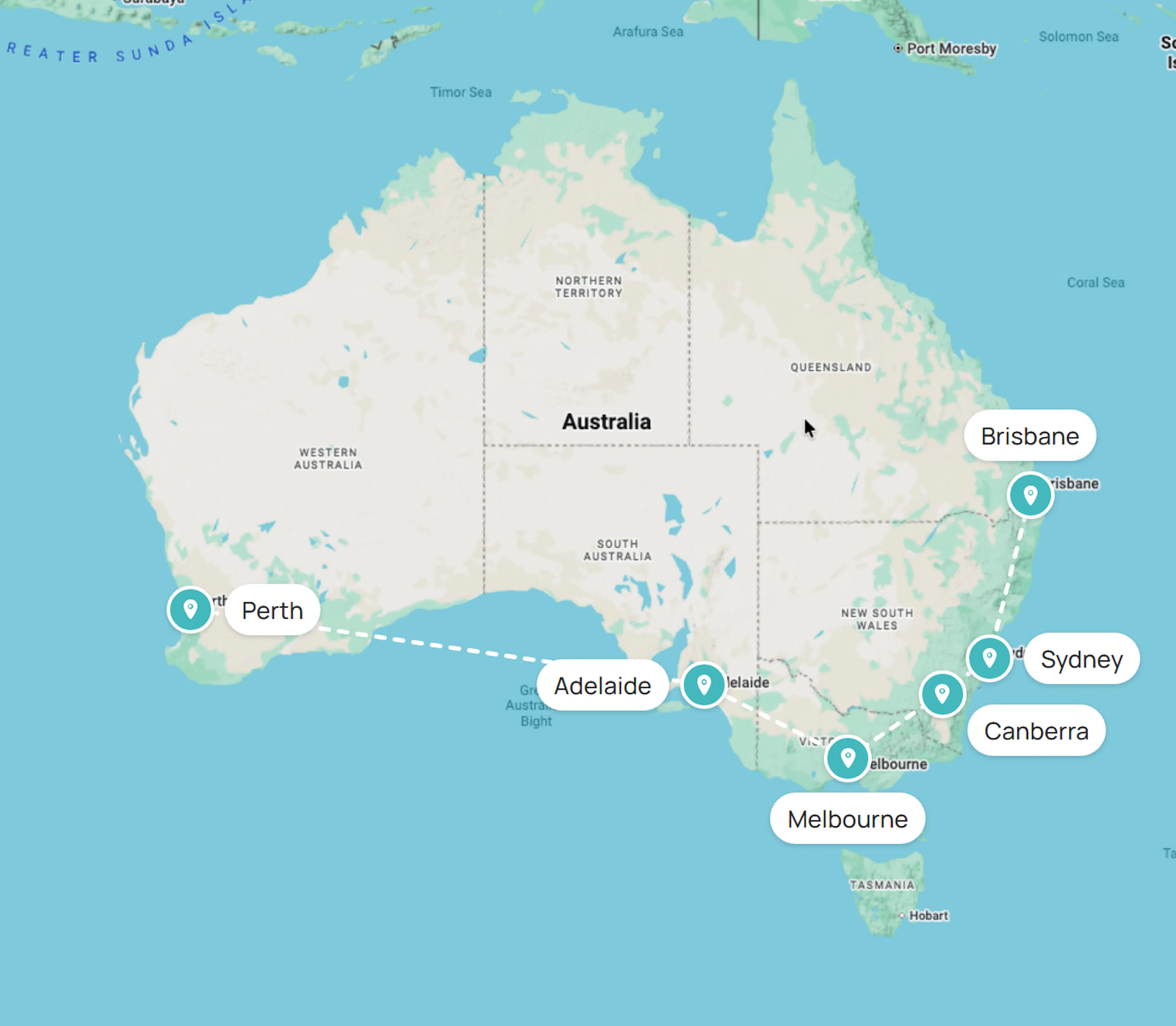 Map of Australia showing Pacer's six metro hubs: Perth, Adelaide, Melbourne, Canberra, Sydney and Brisbane