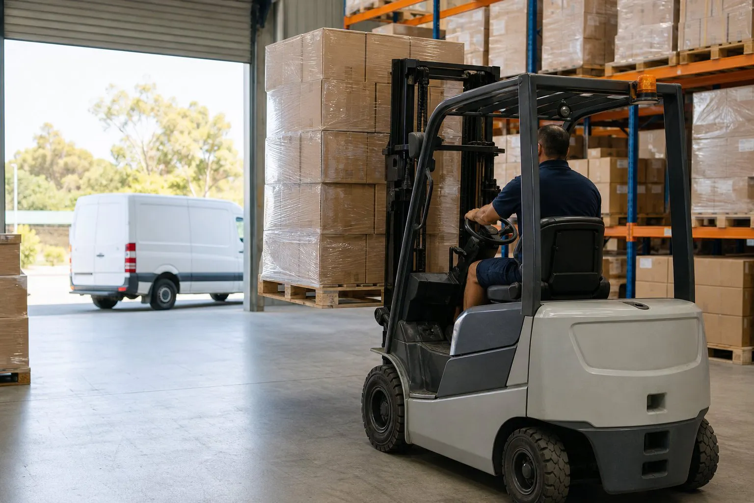 Forklift lifting a shrink-wrapped pallet in a warehouse