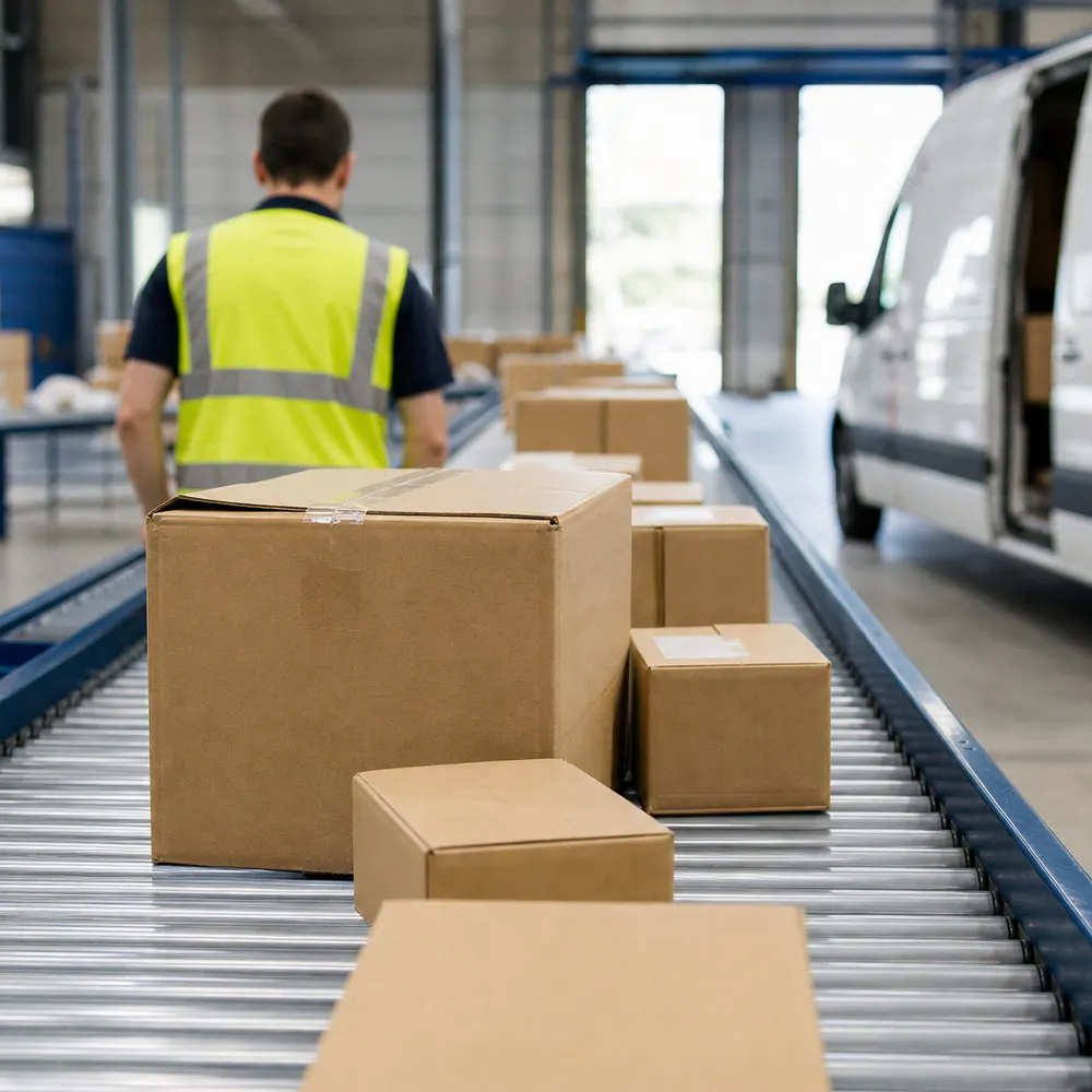 Parcels moving along a conveyor in a bright sorting depot