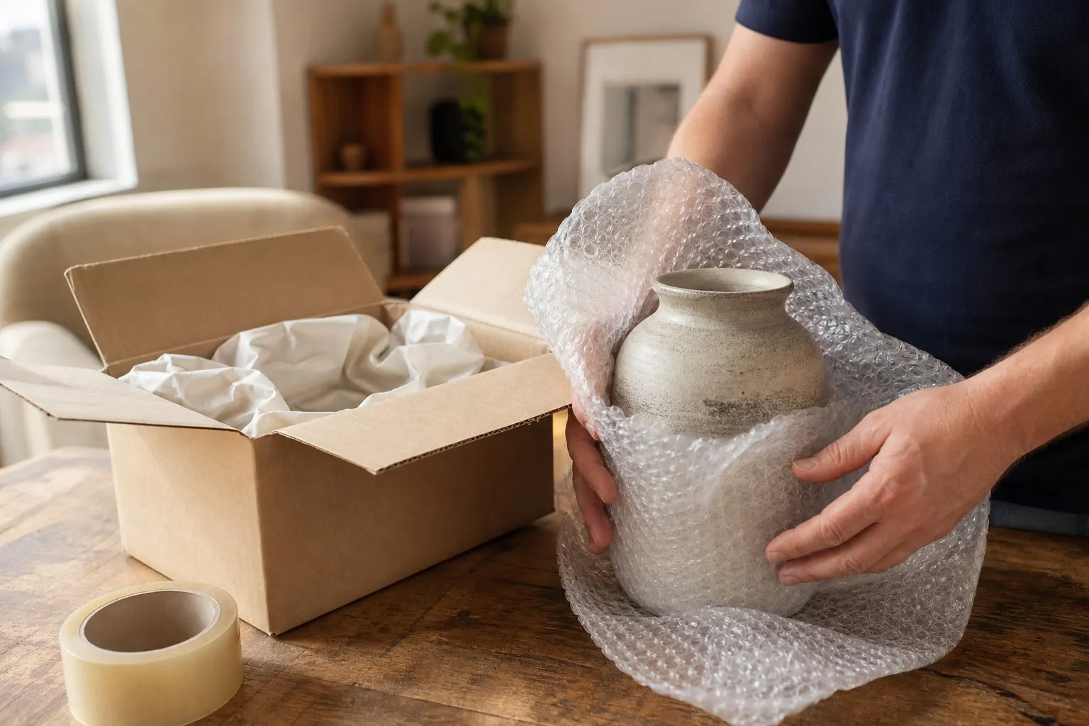 Hands wrapping a ceramic vase in bubble wrap before boxing it
