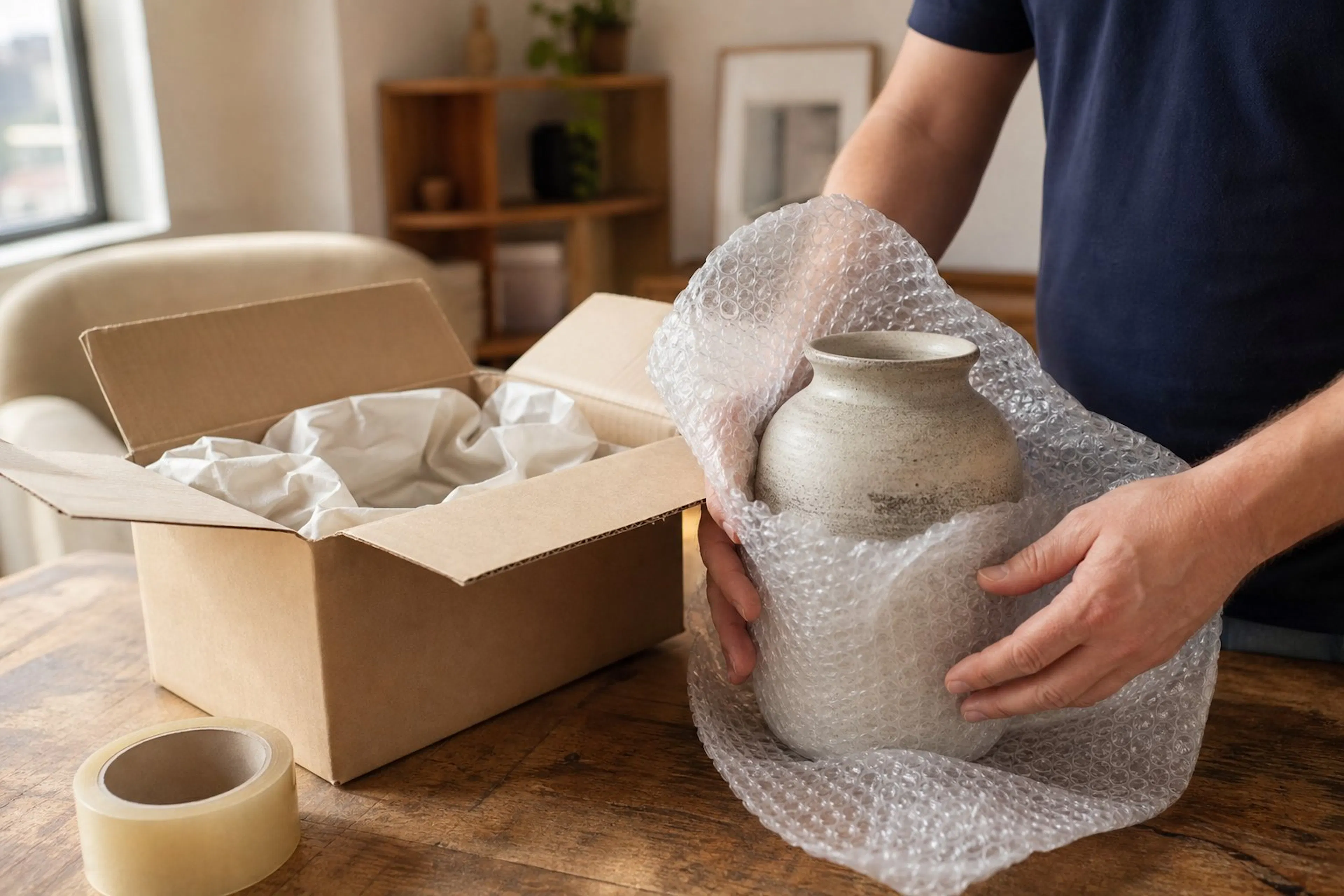 Hands wrapping a ceramic vase in bubble wrap before boxing it