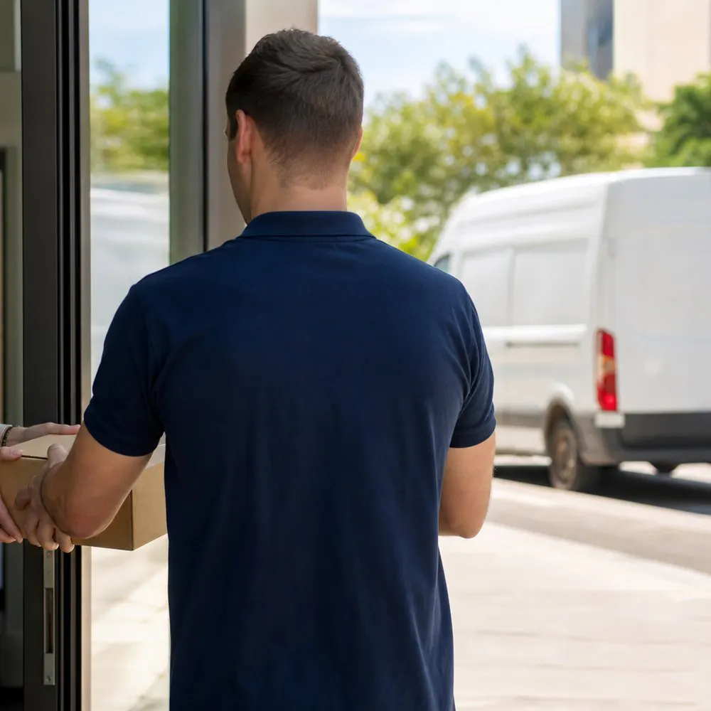 Courier handing a small parcel to a customer at an office door