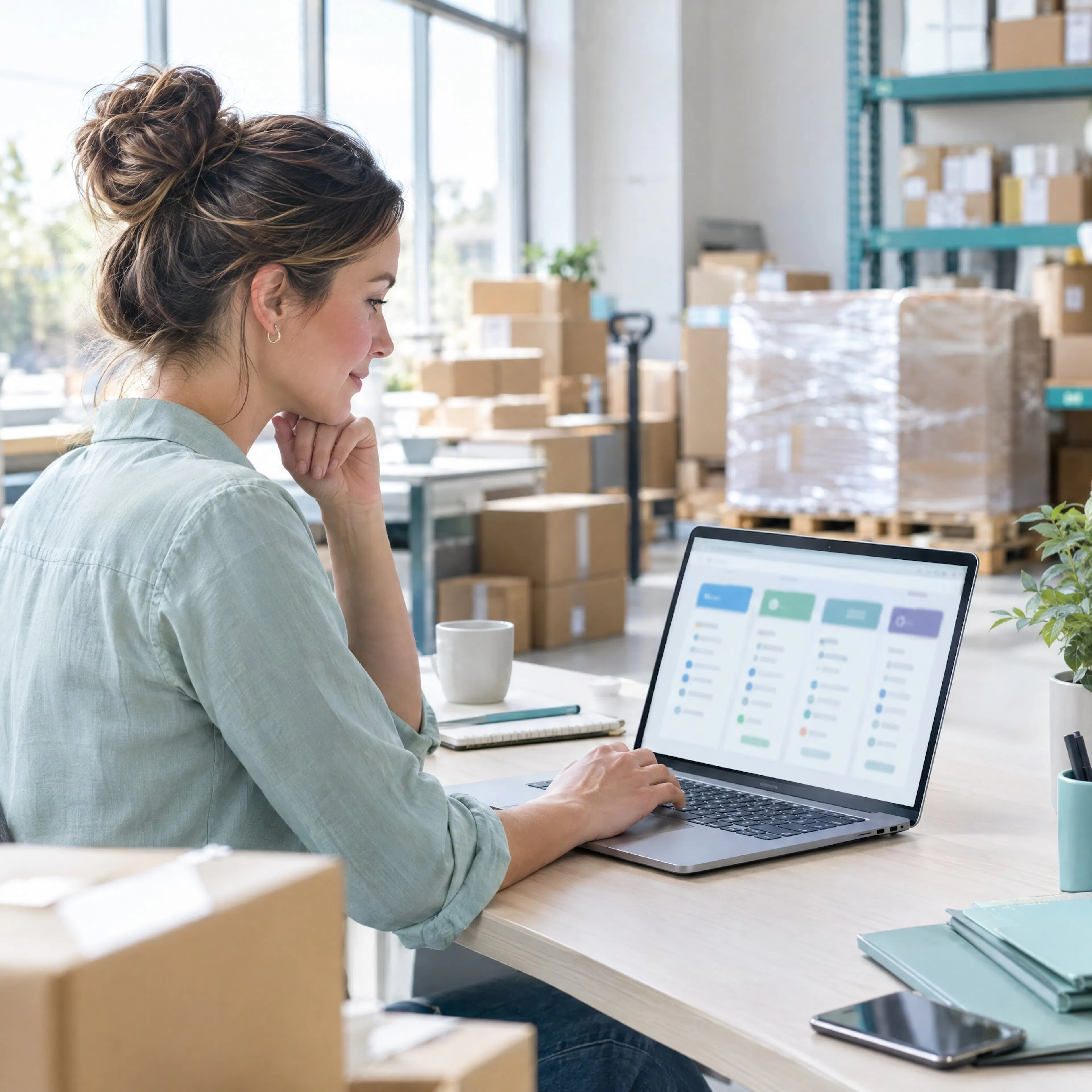 Business owner comparing courier rates on a laptop in a warehouse office