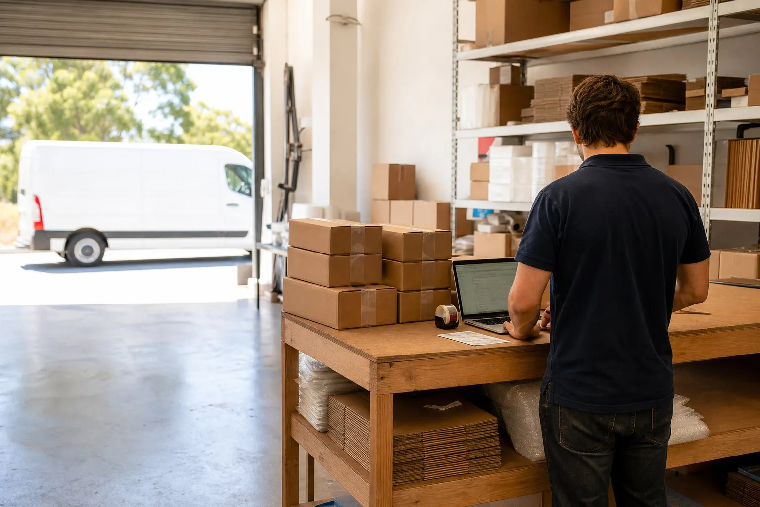 Small business owner preparing a stack of parcels for collection