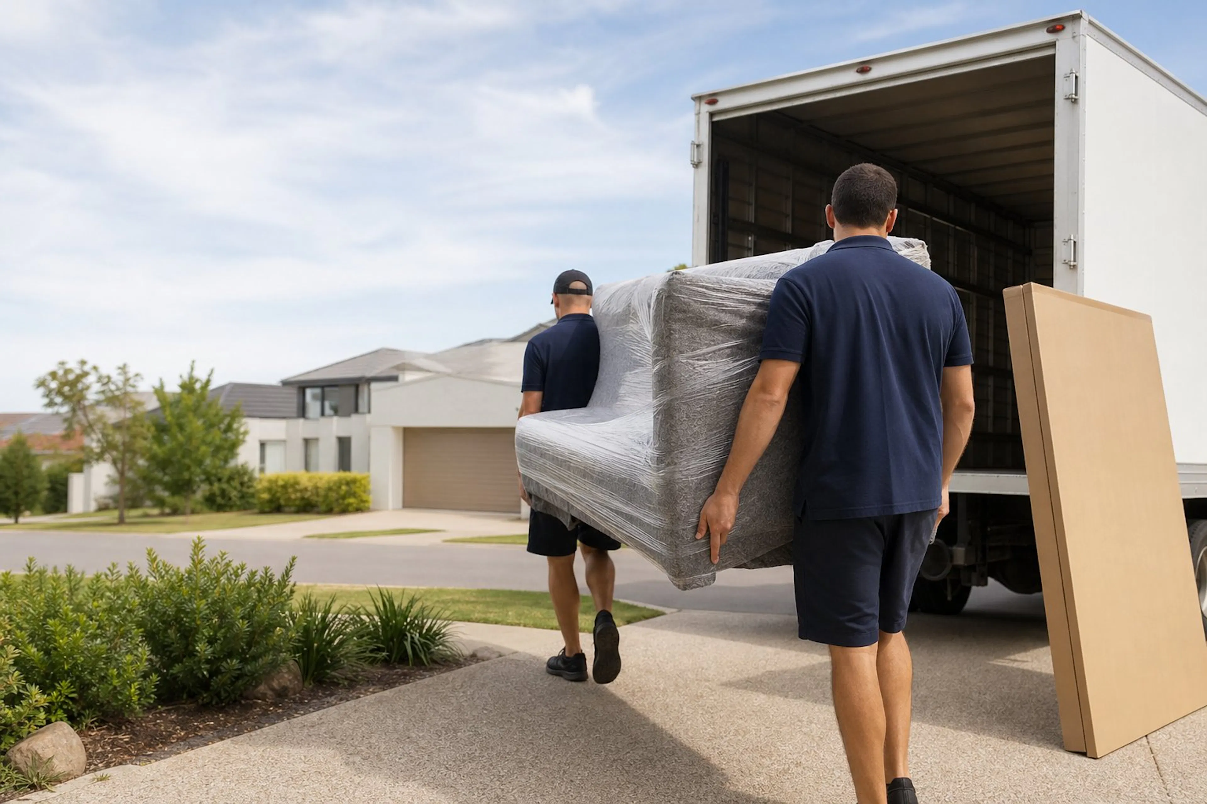 Two movers carrying a wrapped sofa to a white truck