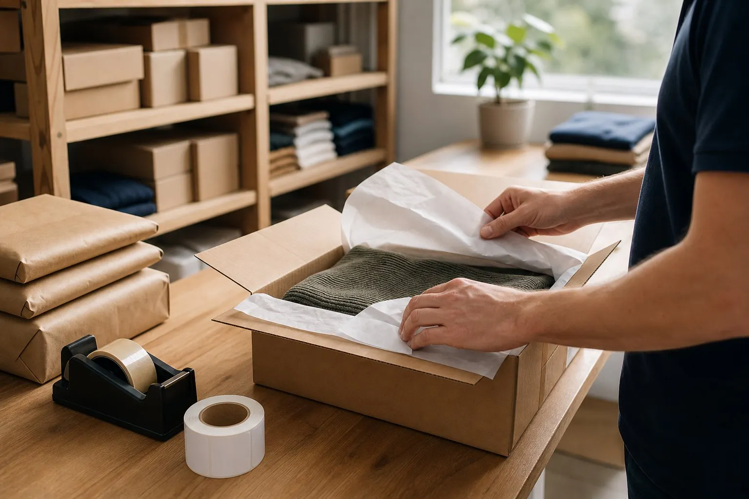 Hands packing an online order into a cardboard box