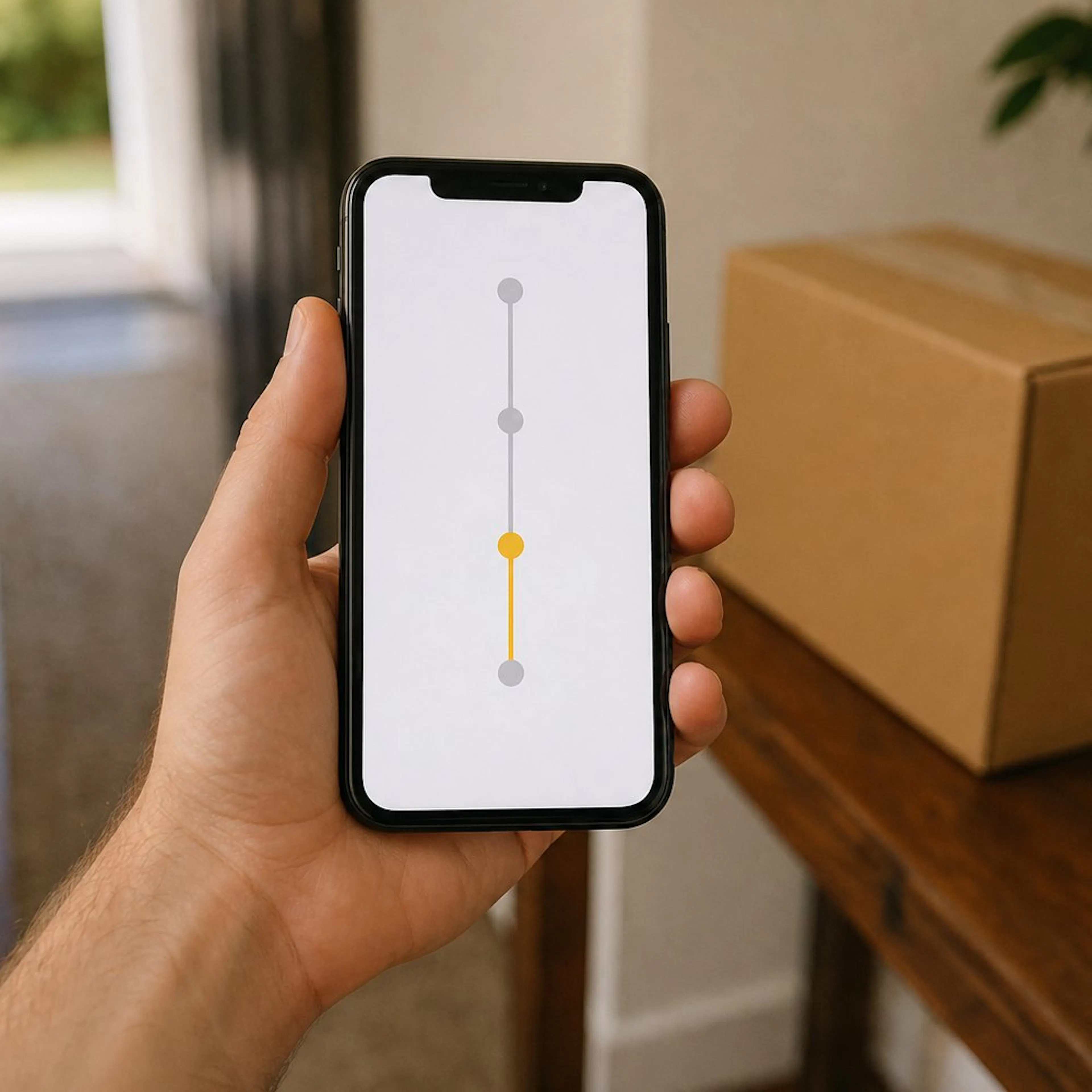 Hand holding a phone showing a delivery progress timeline