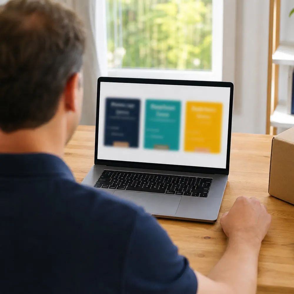 Person comparing courier options on a laptop beside a packed parcel