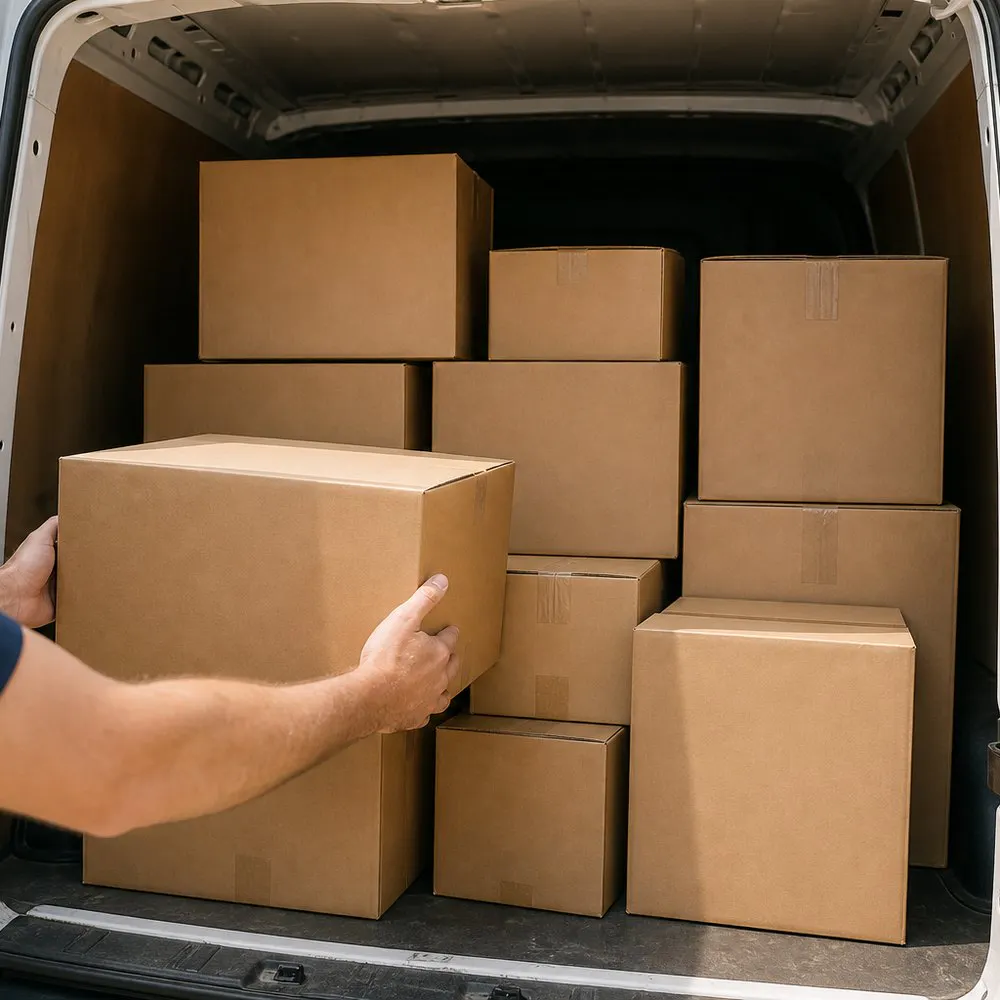 Parcels stacked neatly in the back of a courier van