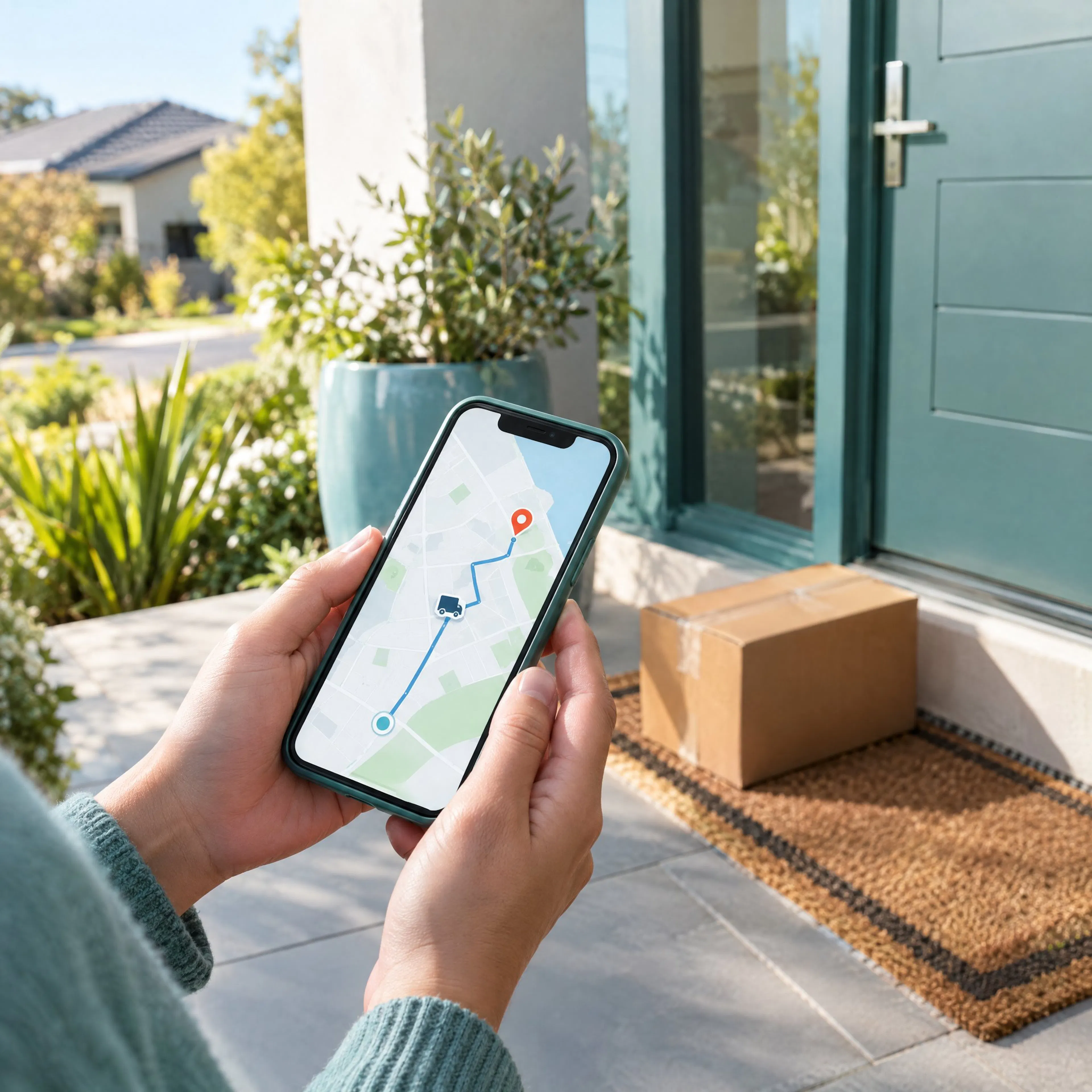 Tracking a parcel on a smartphone next to a delivered box on a doorstep
