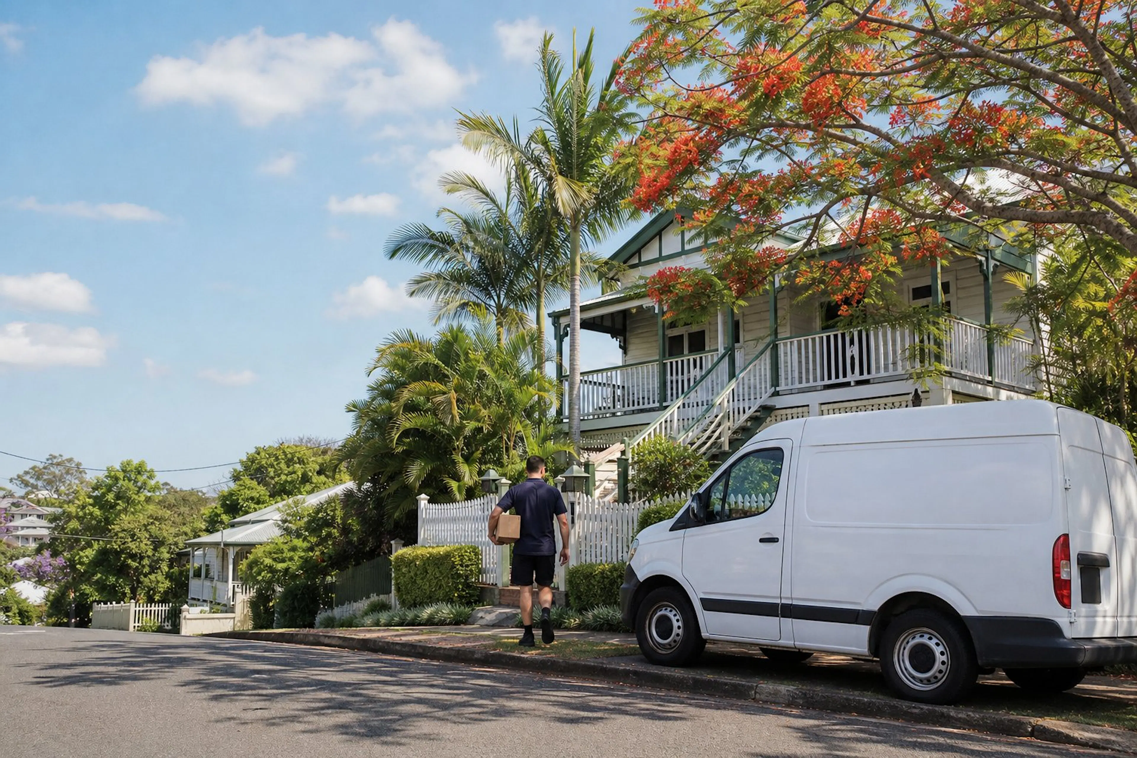 Courier delivering a parcel to a Queenslander house in Brisbane