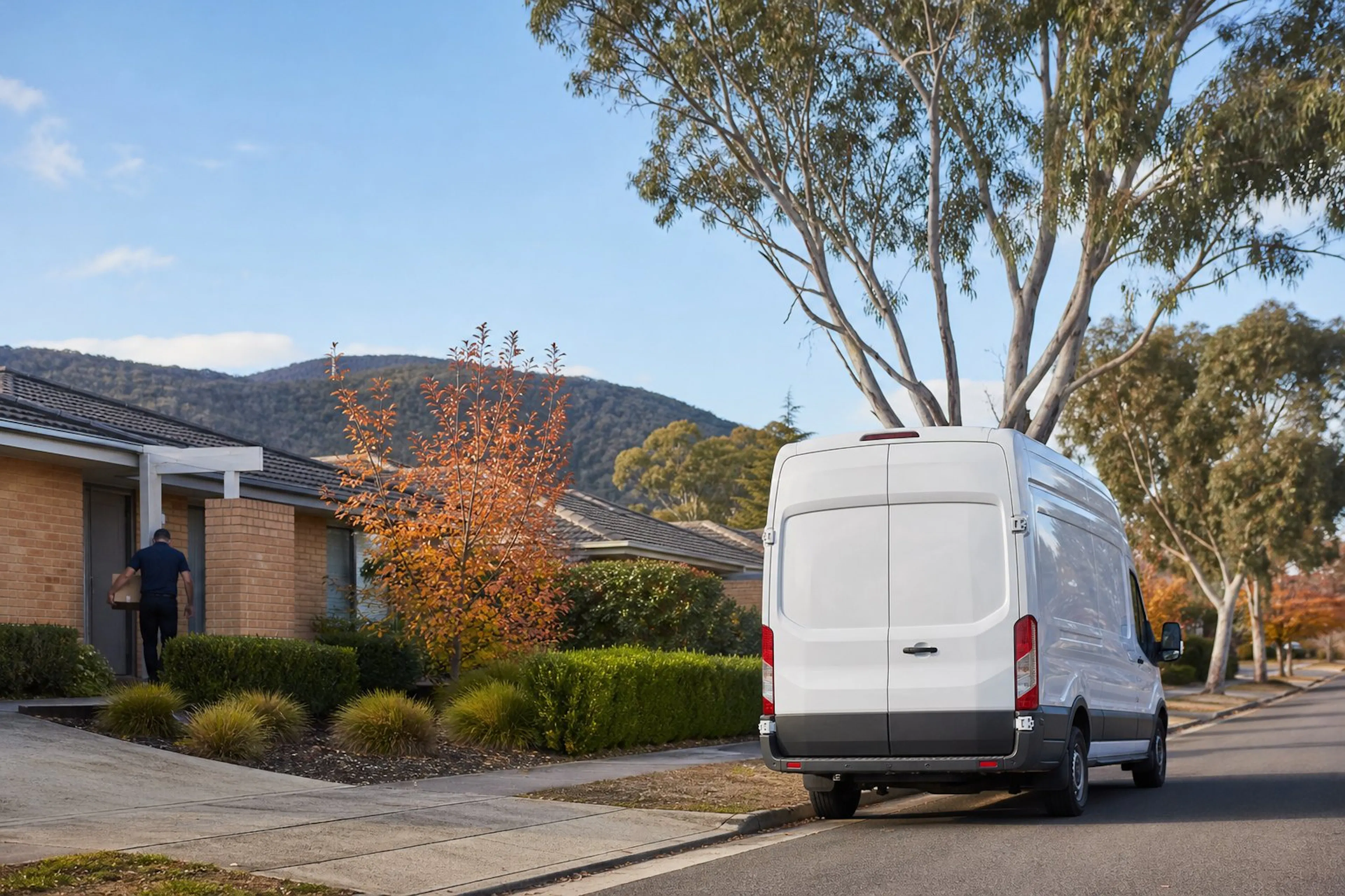 Courier van on a leafy Canberra street in autumn
