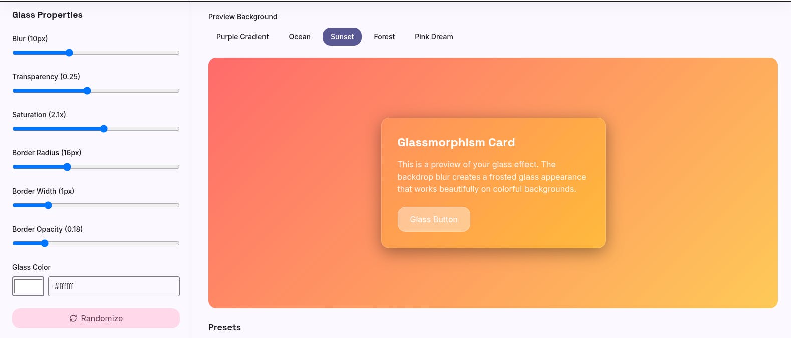 Card with bright Glassmorphism effect