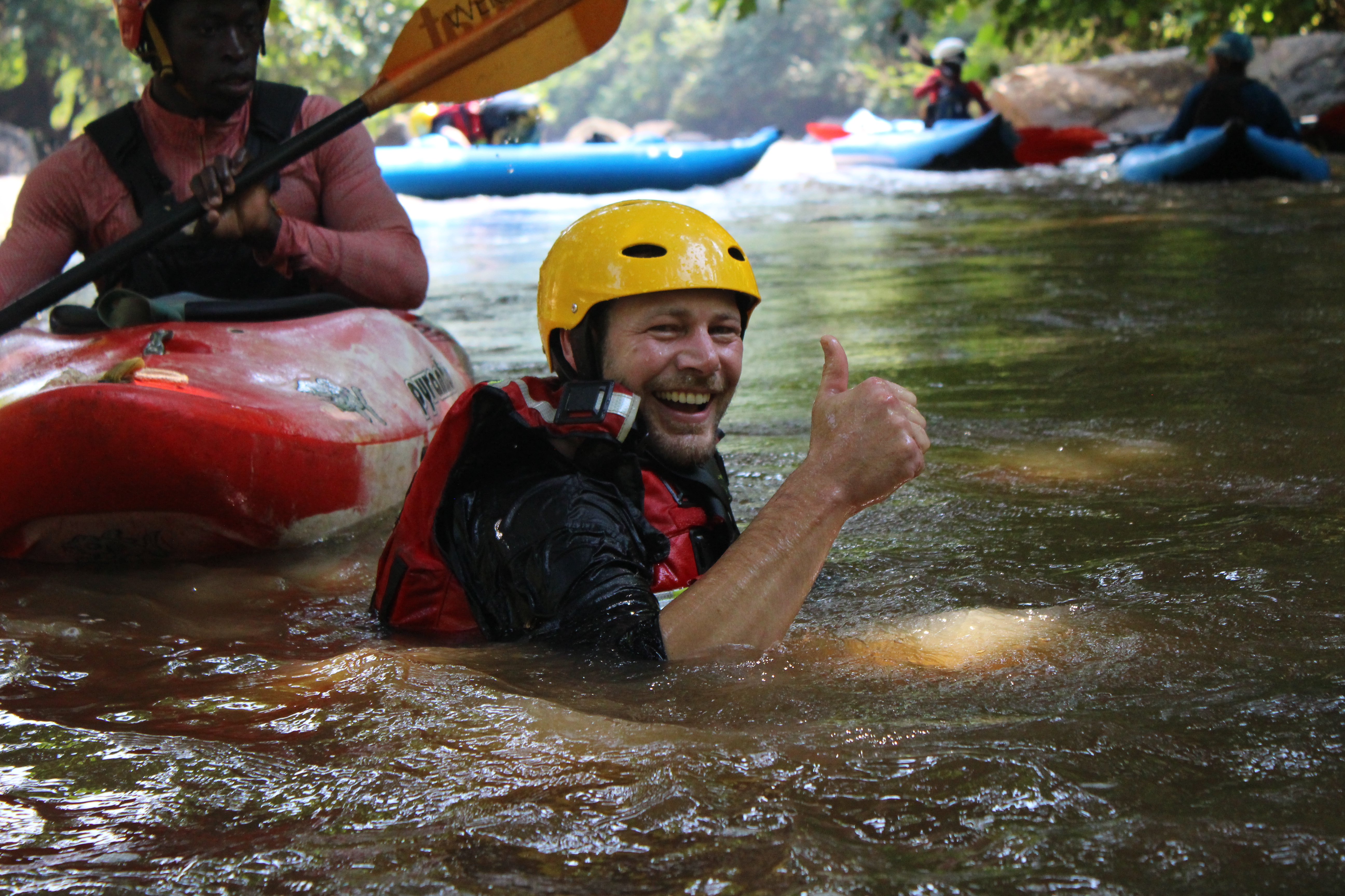 Happy people with packraft trip