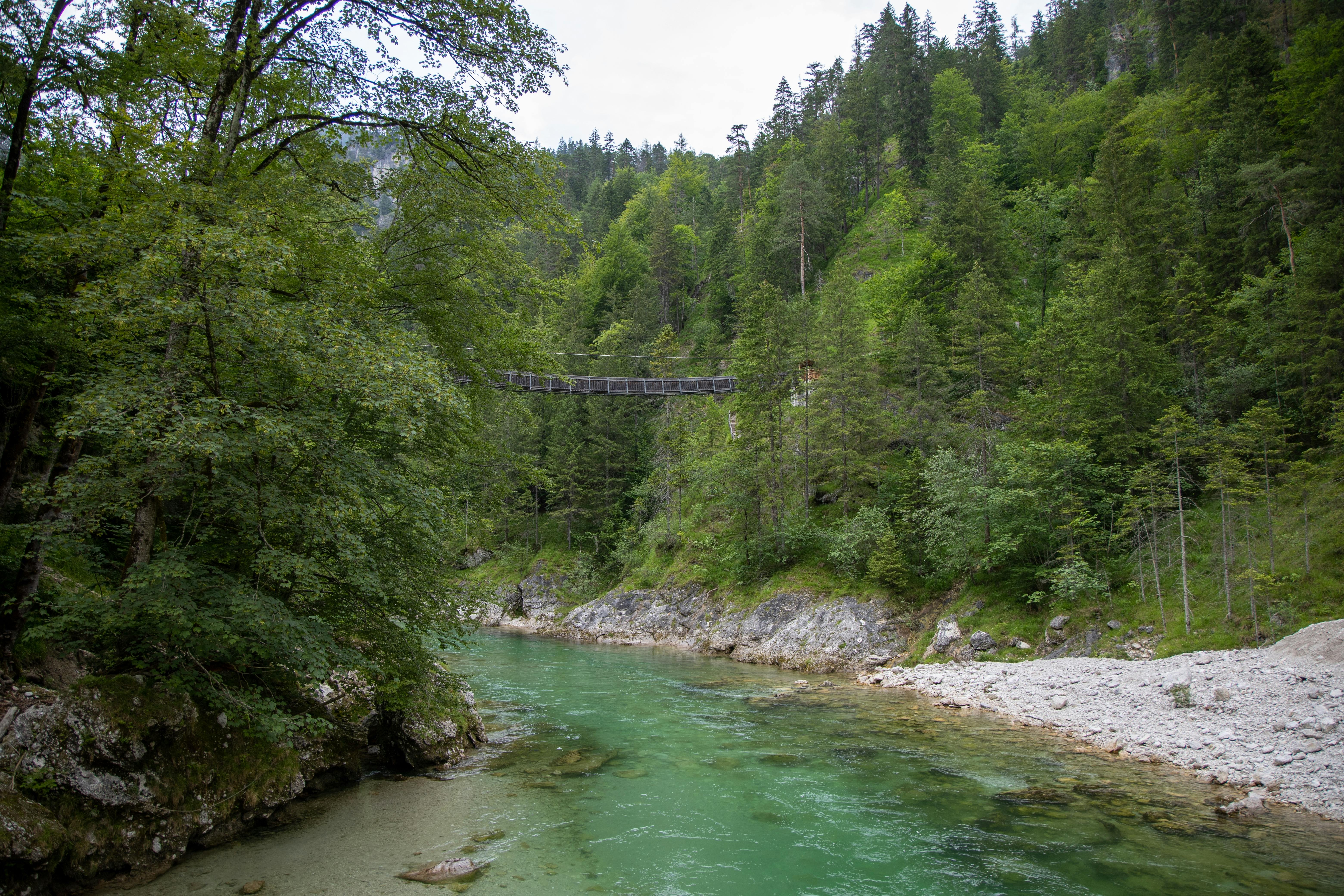 Suspension bridge over the Salza River in the Austrian Alps in Styria