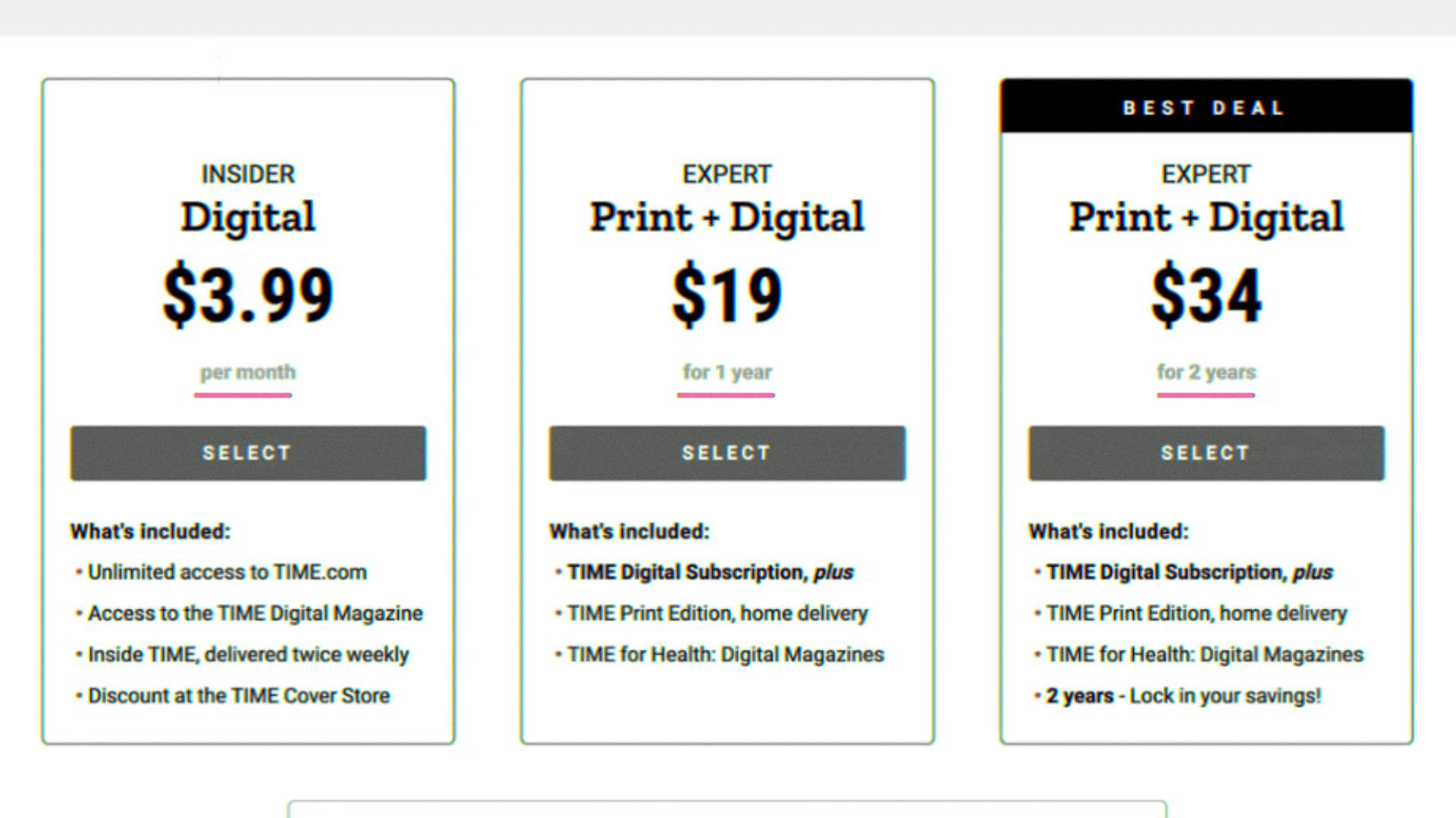 Time's pricing page featuring Digital for $3.99 per month, Print + Digital for $19 for per year, and Print + Digital for $34 per 2 years