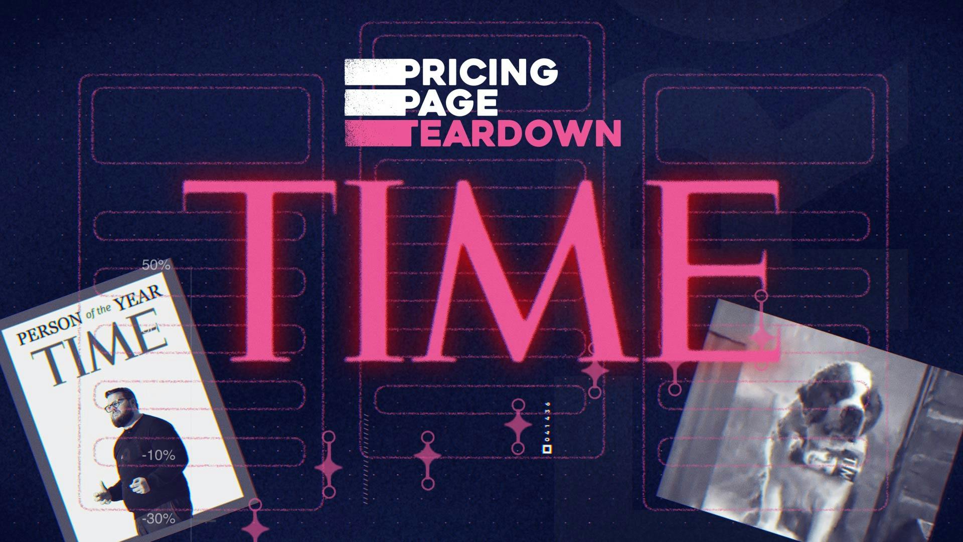Pricing Page Teardown Thumbnail featuring Patrick Campbell, Time Magazine, and a St. Bernard