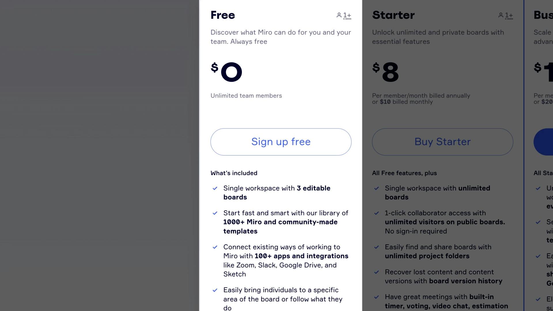 screenshot of Miro's pricing page