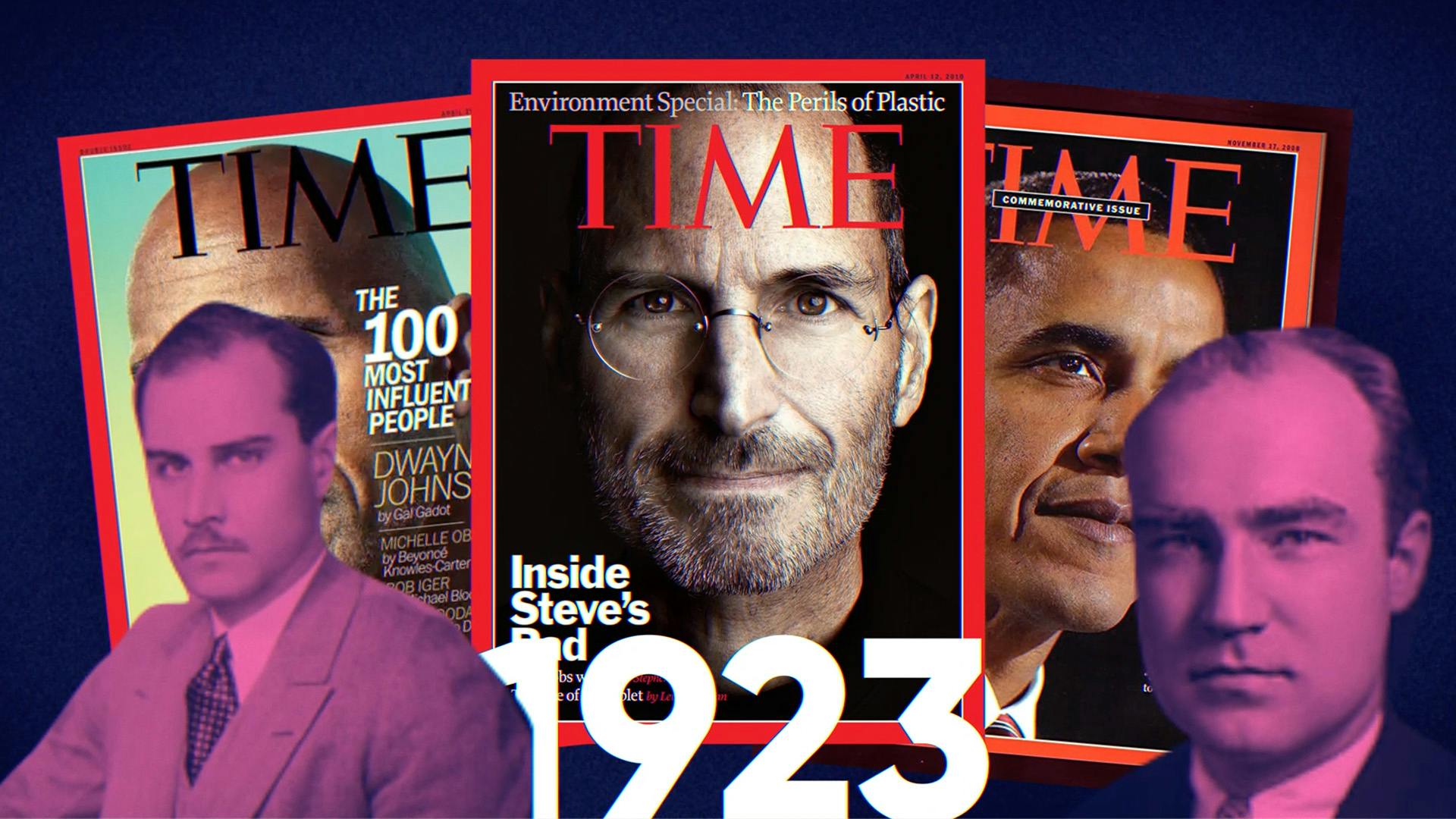 Time founders Briton Hadden and Henry Luce in front of 3 covers of Time magazine featuring The Rock, Steve Jobs, and Barack Obama.