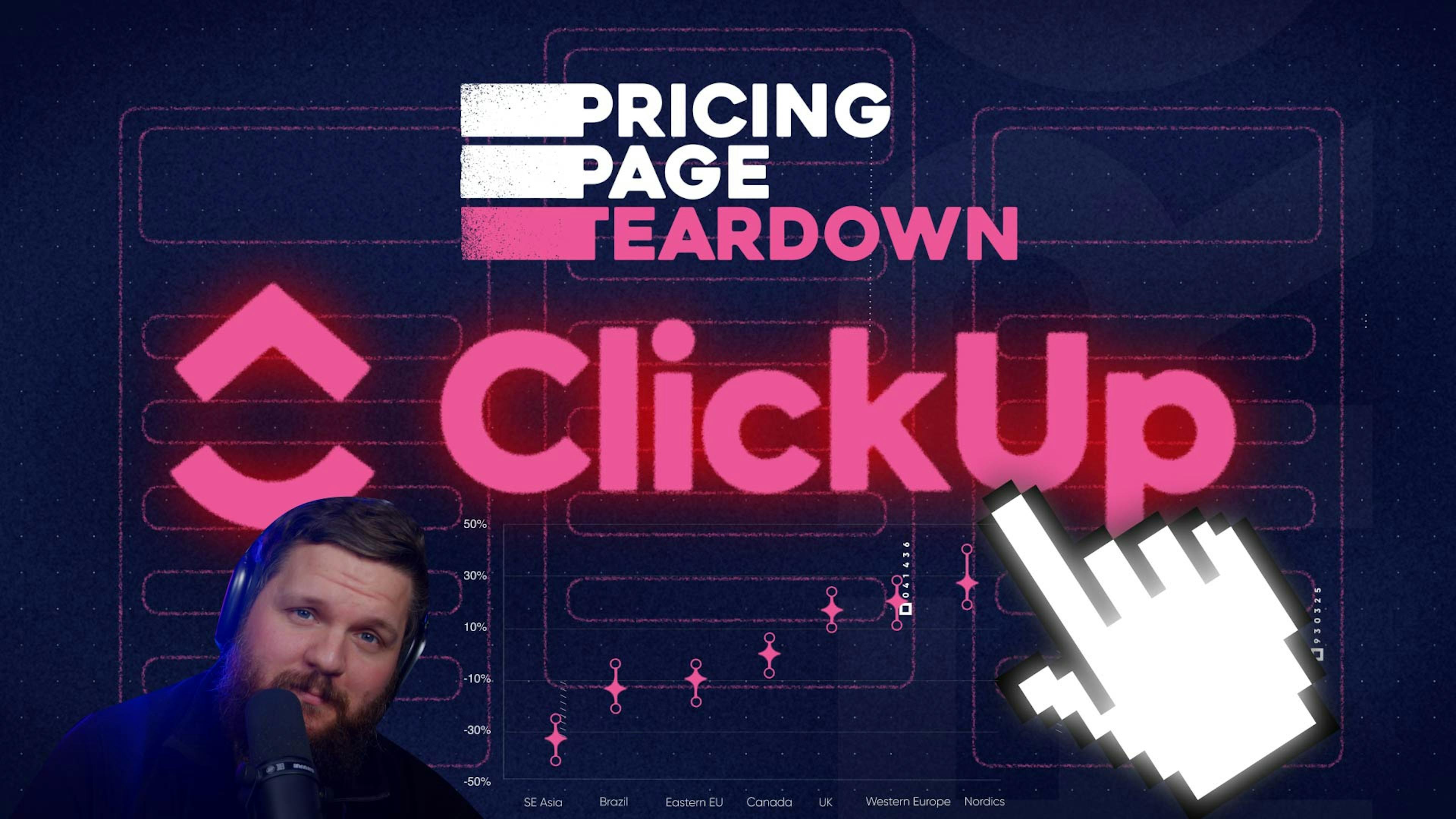 Pricing Page Teardown thumbnail featuring ClickUp, Patrick Campbell, and a mouse pointer