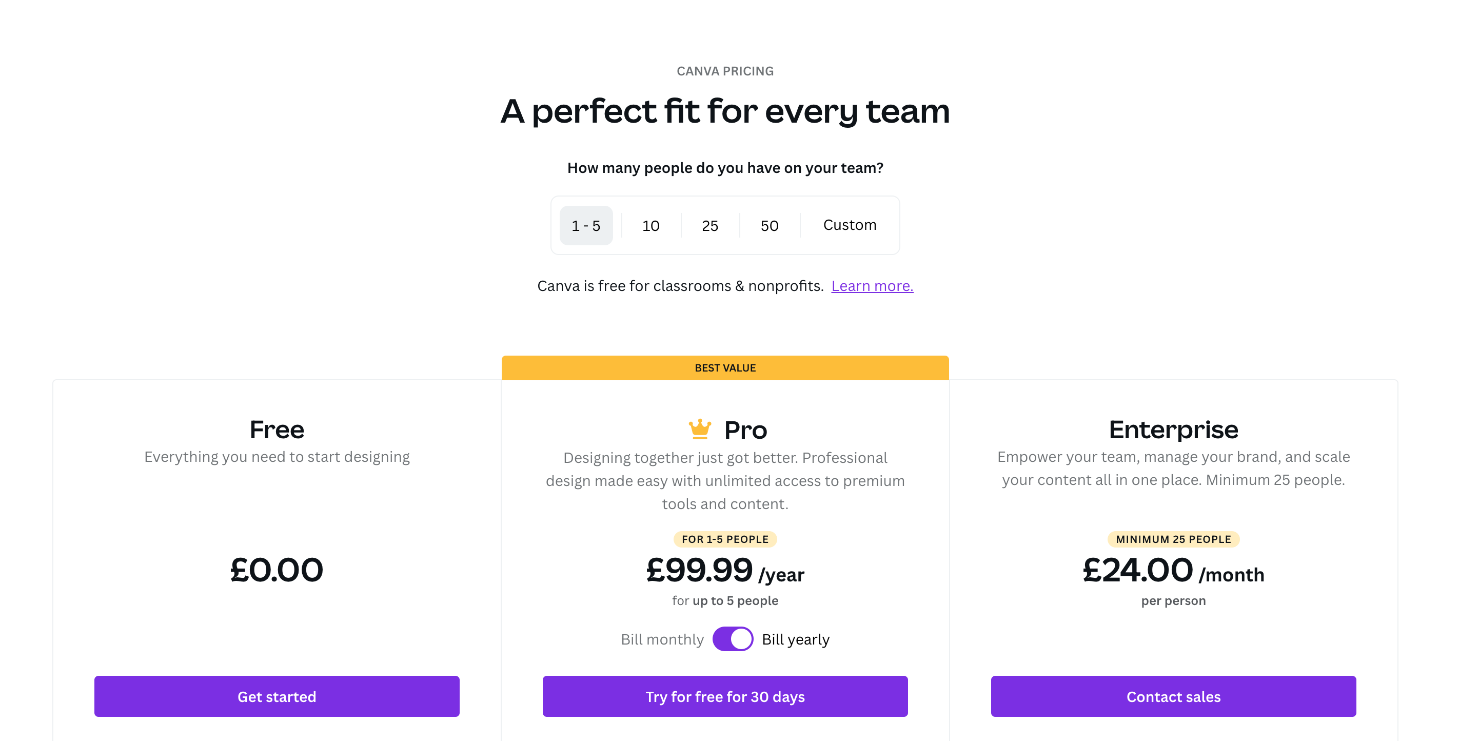 Canva's per-user-base pricing on pricing page