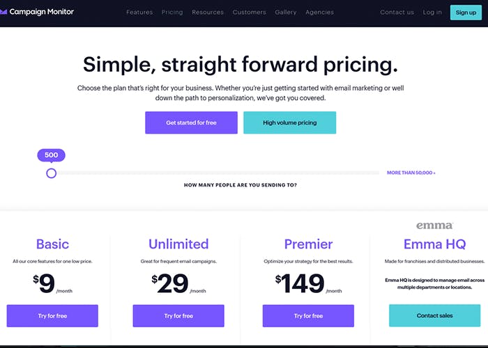 Screenshot of Campaign Monitor's pricing page
