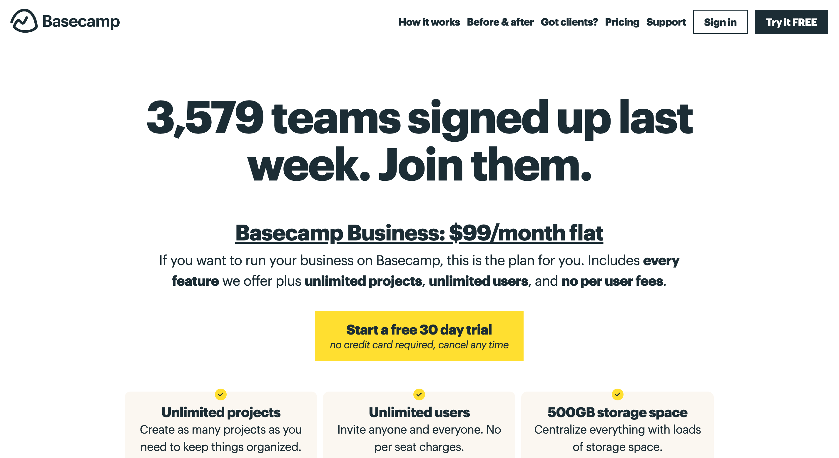 Basecamp pricing page: Basecamp Business: $99/month flat